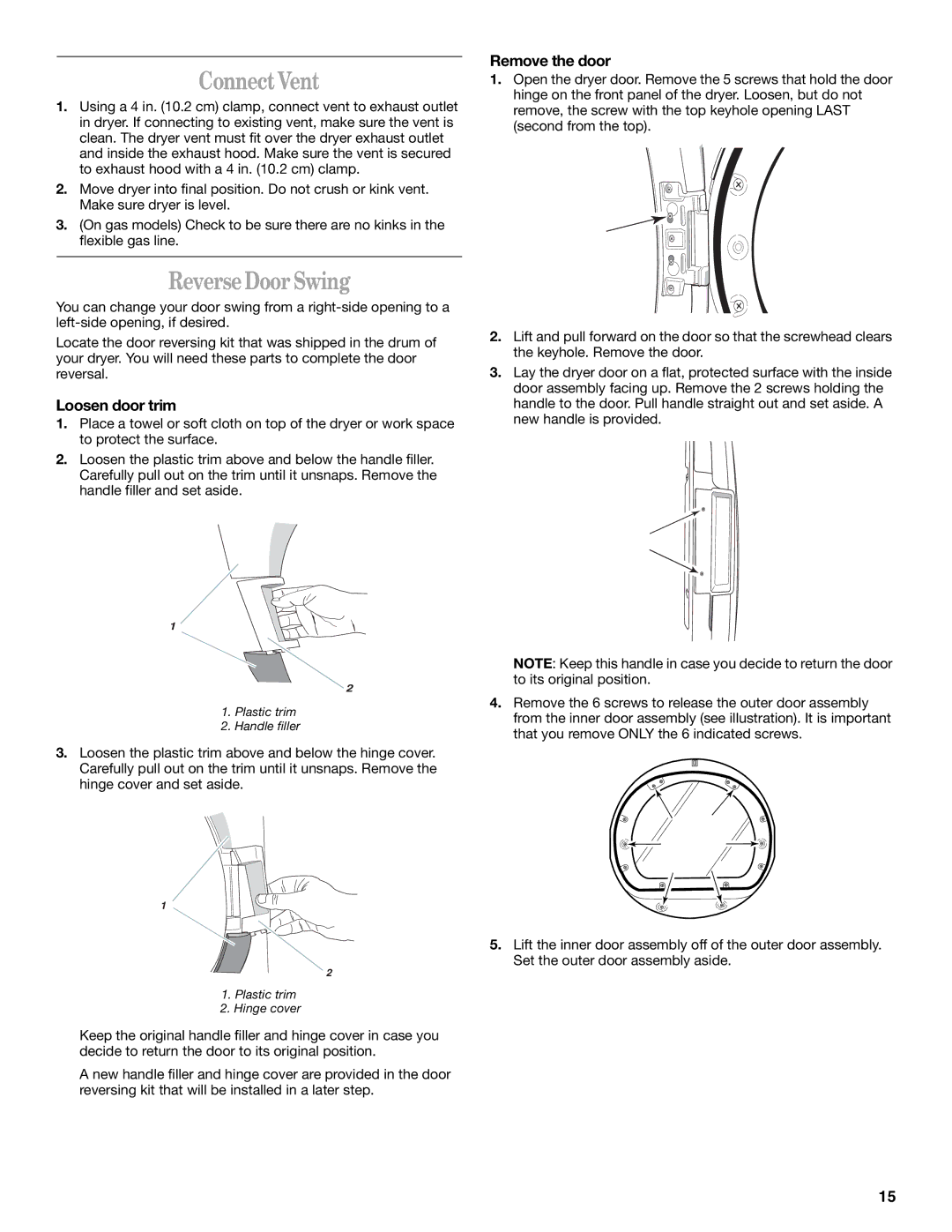 Whirlpool GEW9200LQ0 manual Connect Vent, Reverse Door Swing, Loosen door trim, Remove the door 