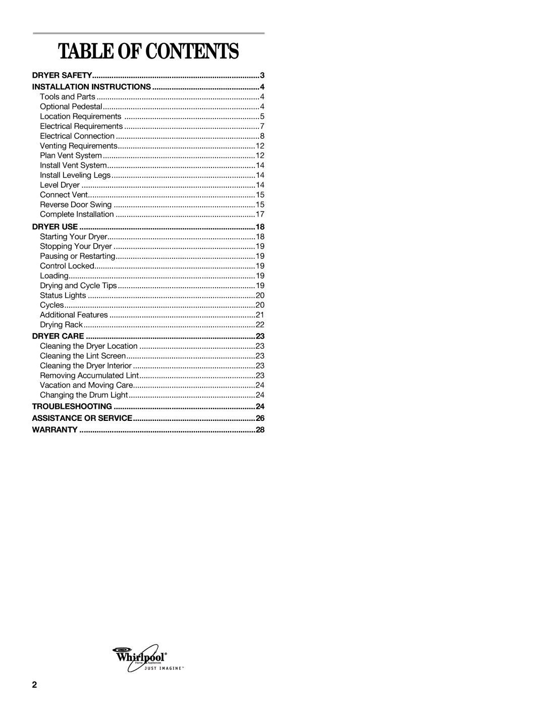 Whirlpool GEW9200LQ0 manual Table of Contents 