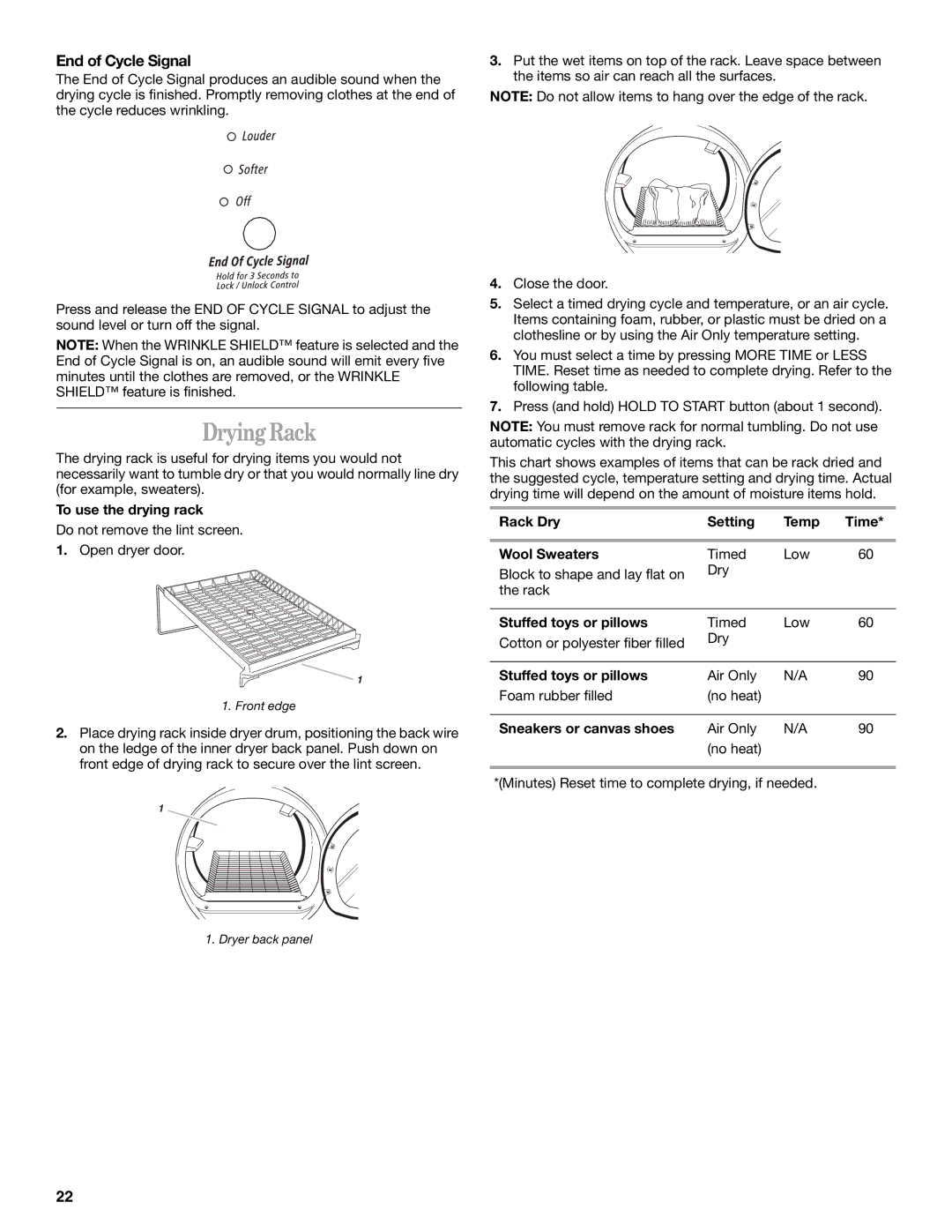 Whirlpool GEW9200LQ0 manual Drying Rack, End of Cycle Signal 