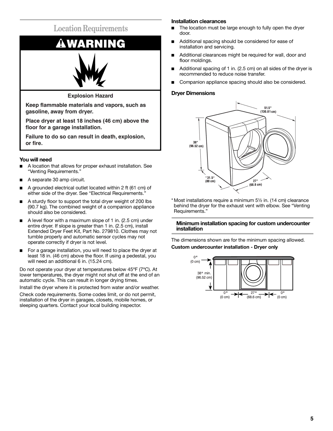 Whirlpool GEW9200LQ0 manual Location Requirements, Installation clearances, Dryer Dimensions 