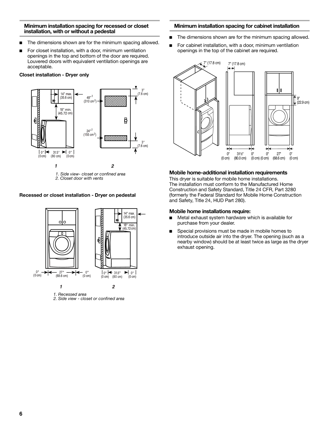 Whirlpool GEW9200LQ0 manual Minimum installation spacing for cabinet installation, Mobile home installations require 