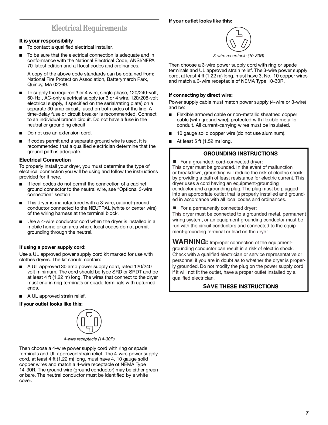 Whirlpool GEW9200LQ0 manual Electrical Requirements, It is your responsibility, Electrical Connection 