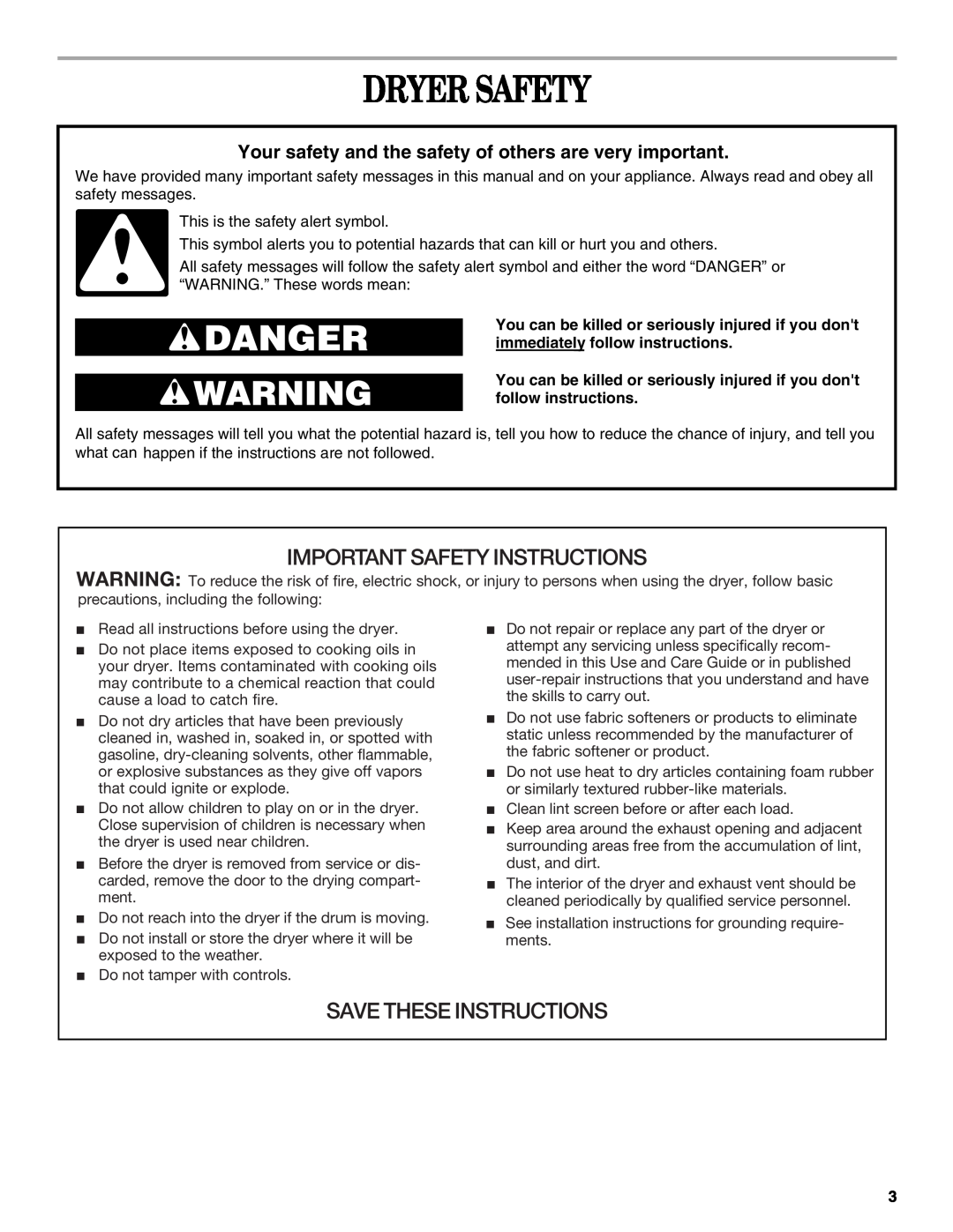 Whirlpool GEW9200LQ0 manual Dryer Safety, Important Safety Instructions, Save These Instructions 