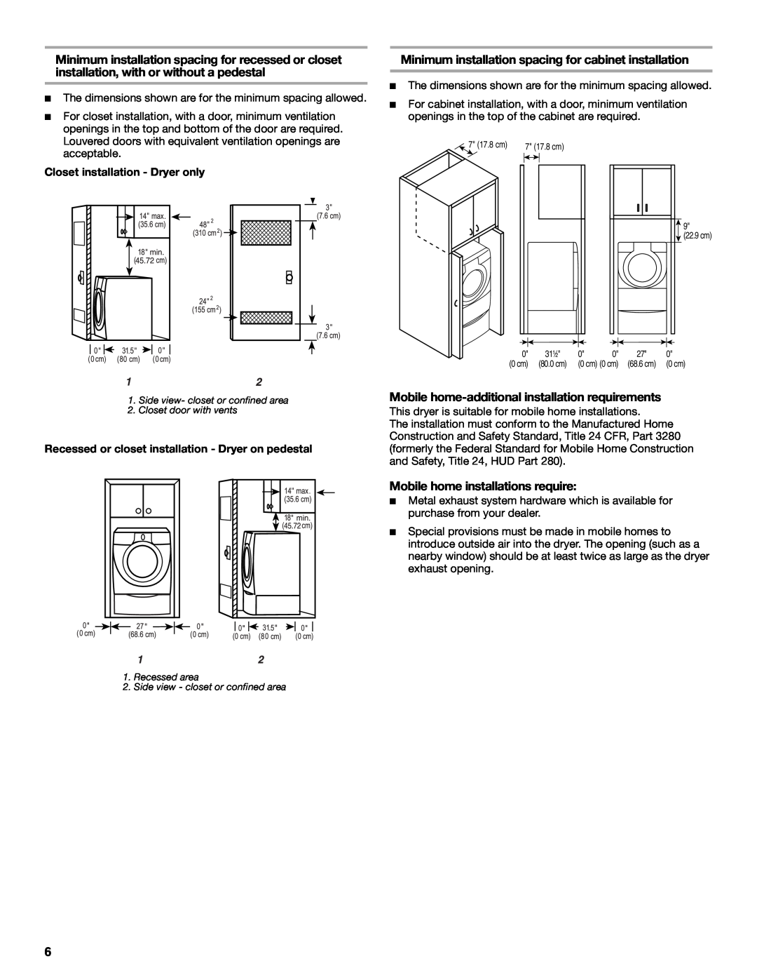 Whirlpool GEW9200LQ0 manual Minimum installation spacing for cabinet installation, Mobile home installations require 