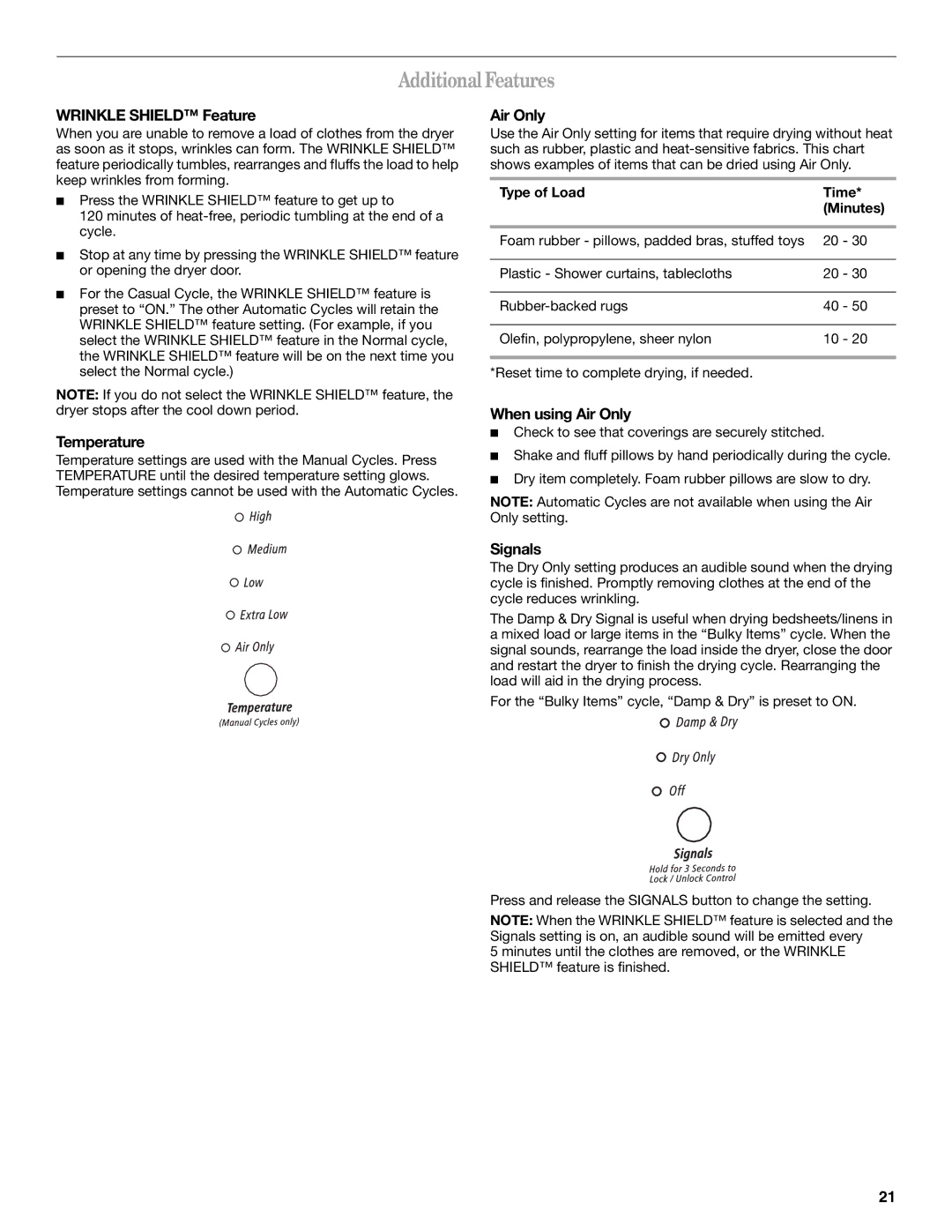 Whirlpool GEW9260PL1 manual Additional Features, Temperature, When using Air Only, Signals 