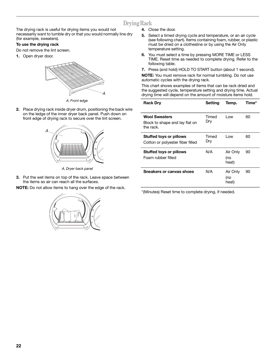 Whirlpool GEW9260PL1 manual Drying Rack, To use the drying rack, Rack Dry Setting Temp Time Wool Sweaters 