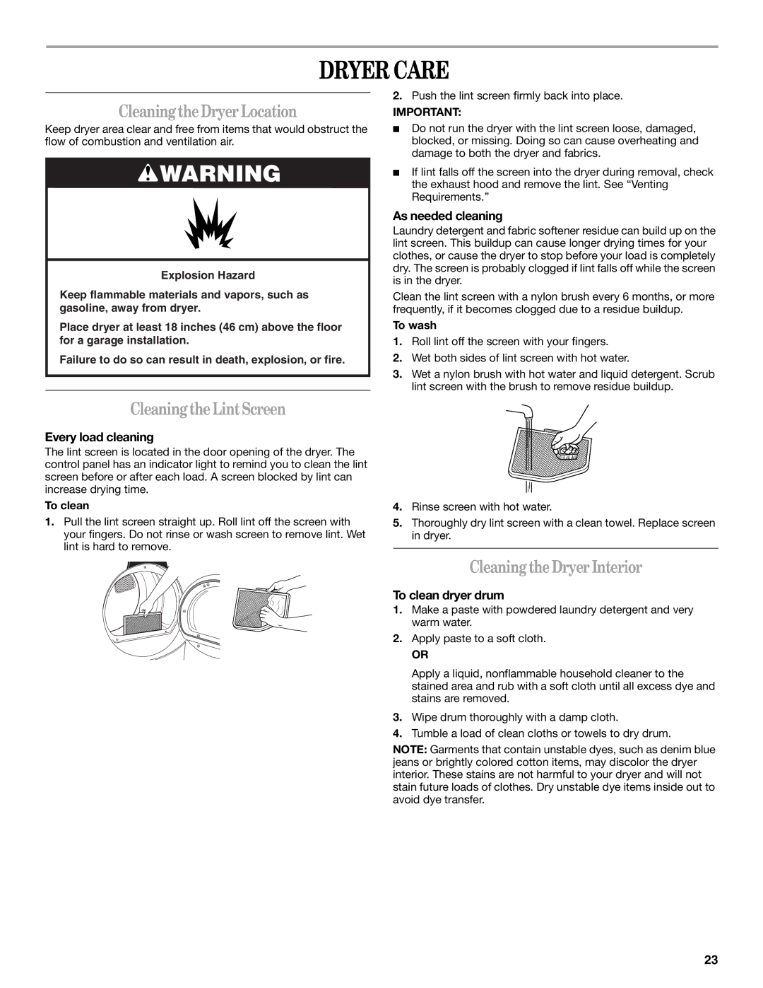 Whirlpool GEW9260PL1 manual Dryer Care, Cleaning the Dryer Location, Cleaning the Lint Screen, Cleaning the Dryer Interior 