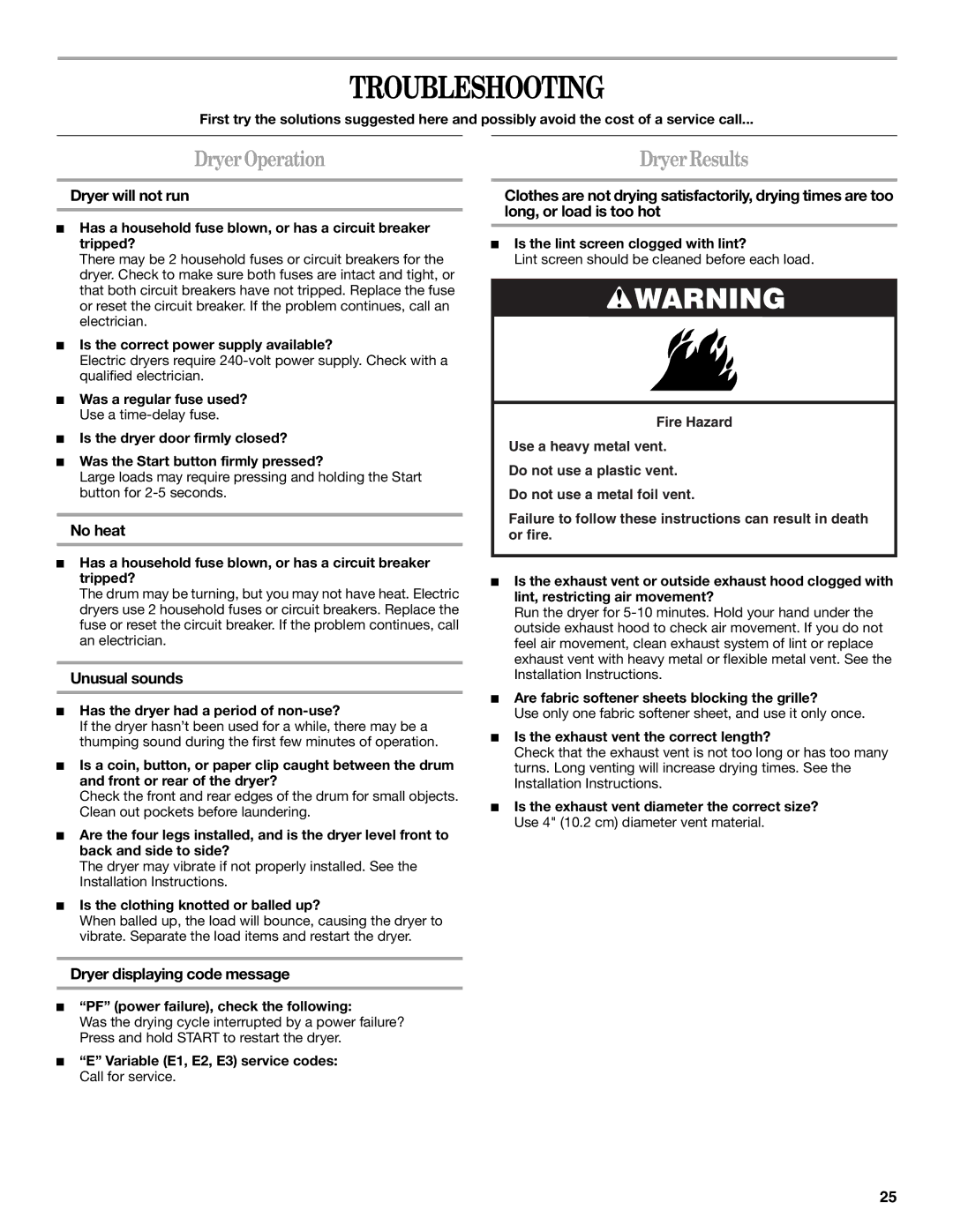 Whirlpool GEW9260PL1 manual Troubleshooting, Dryer Operation 