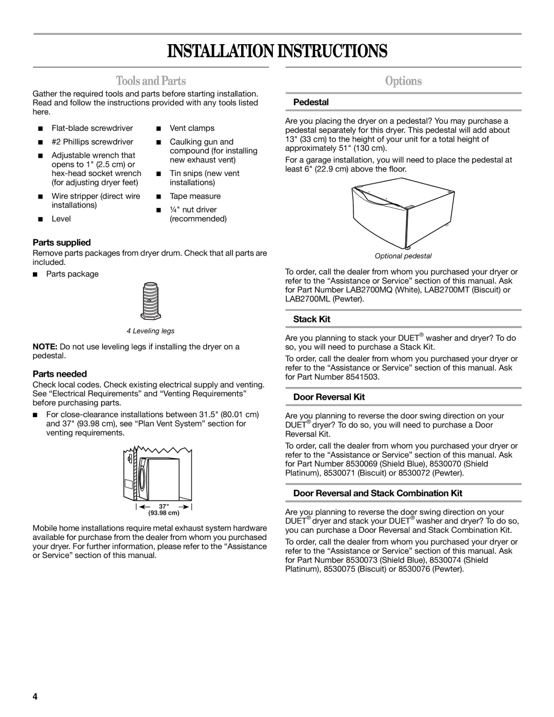 Whirlpool GEW9260PL1 manual Installation Instructions, Tools and Parts, Options 