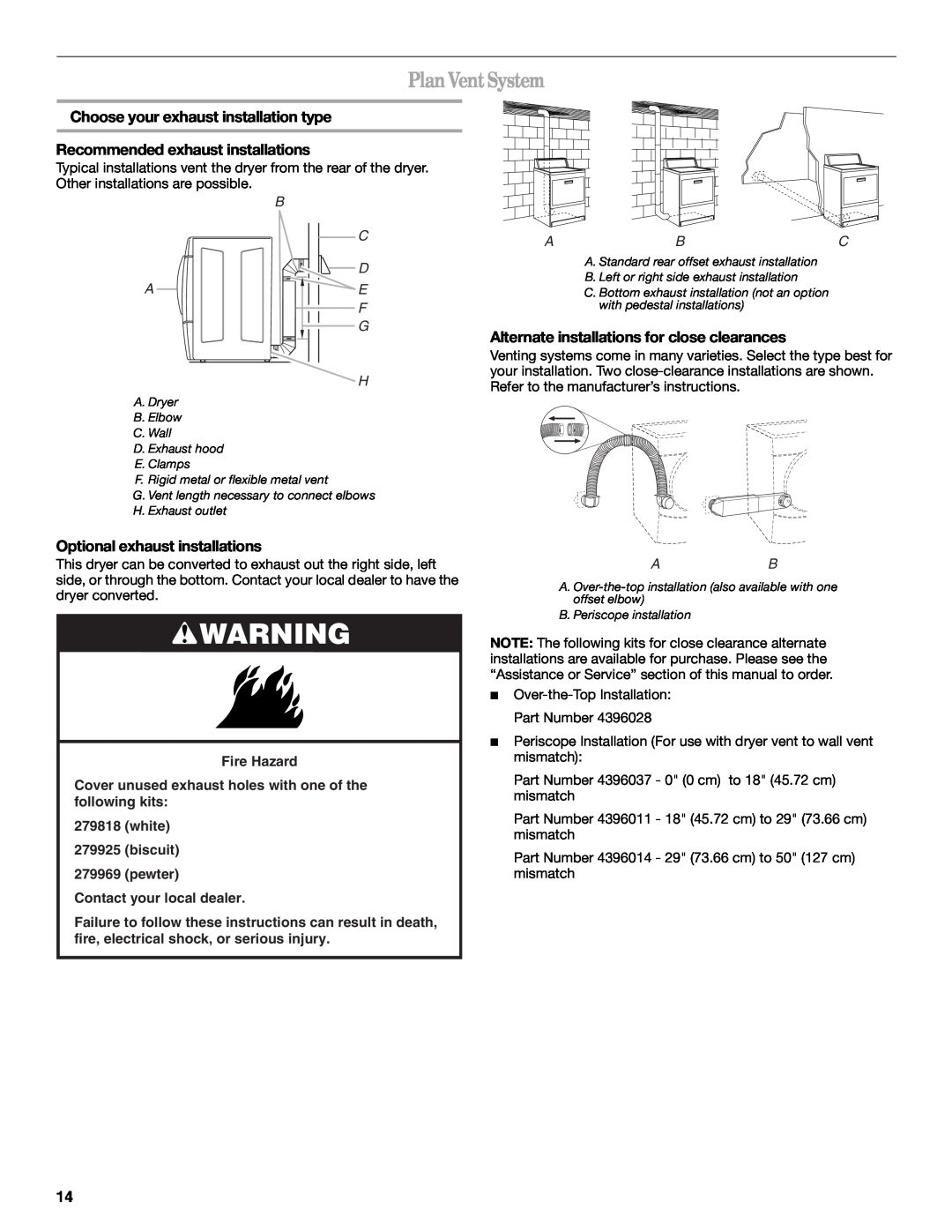 Whirlpool GEW9260PL1 manual Plan Vent System, Choose your exhaust installation type, Recommended exhaust installations 