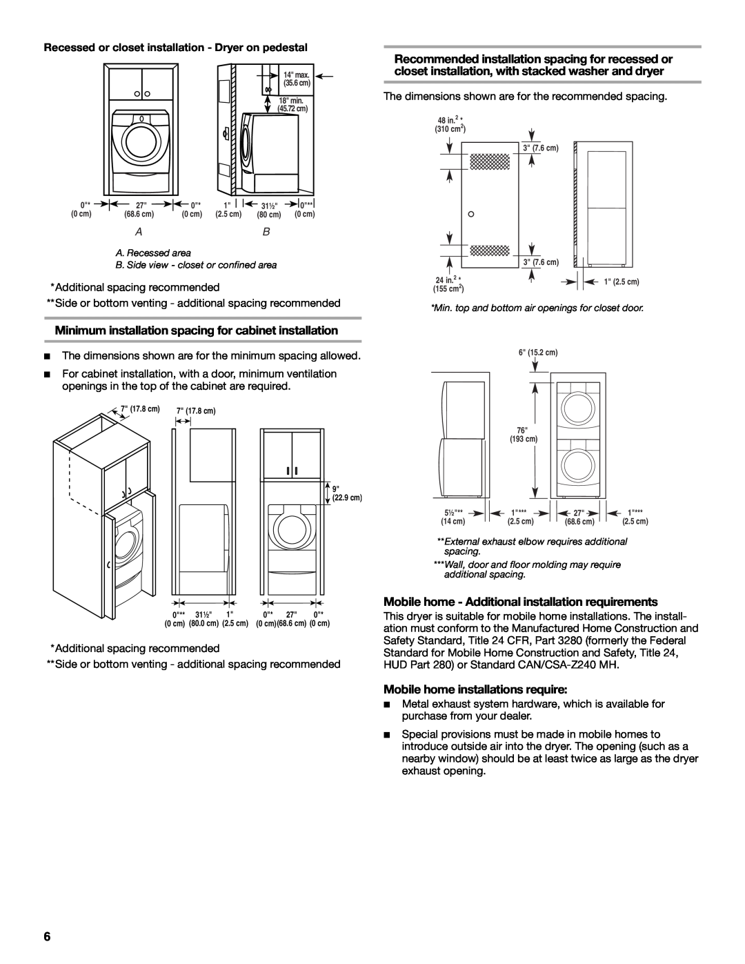 Whirlpool GEW9260PL1 manual Minimum installation spacing for cabinet installation, Mobile home installations require 