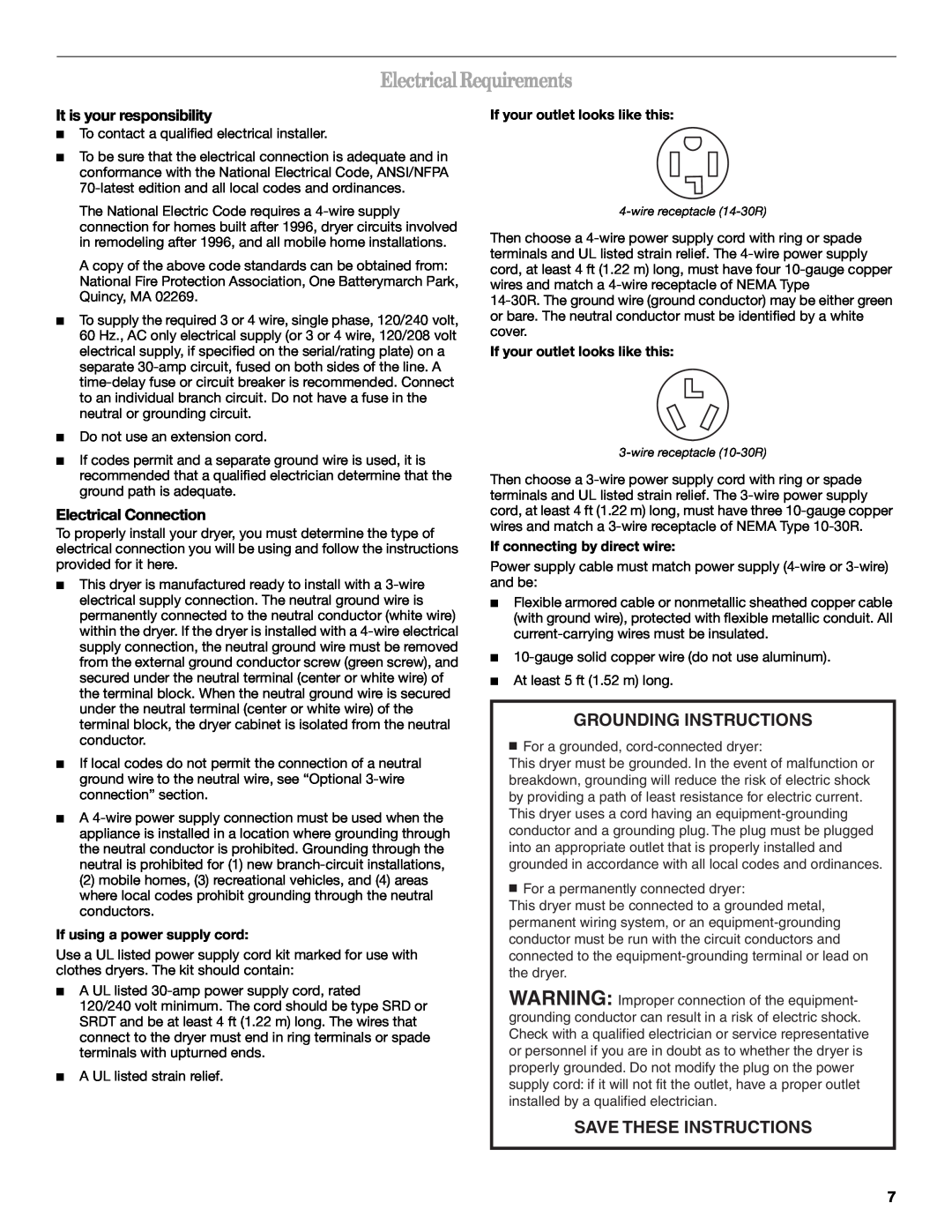 Whirlpool GEW9260PL1 Electrical Requirements, It is your responsibility, Electrical Connection, Grounding Instructions 