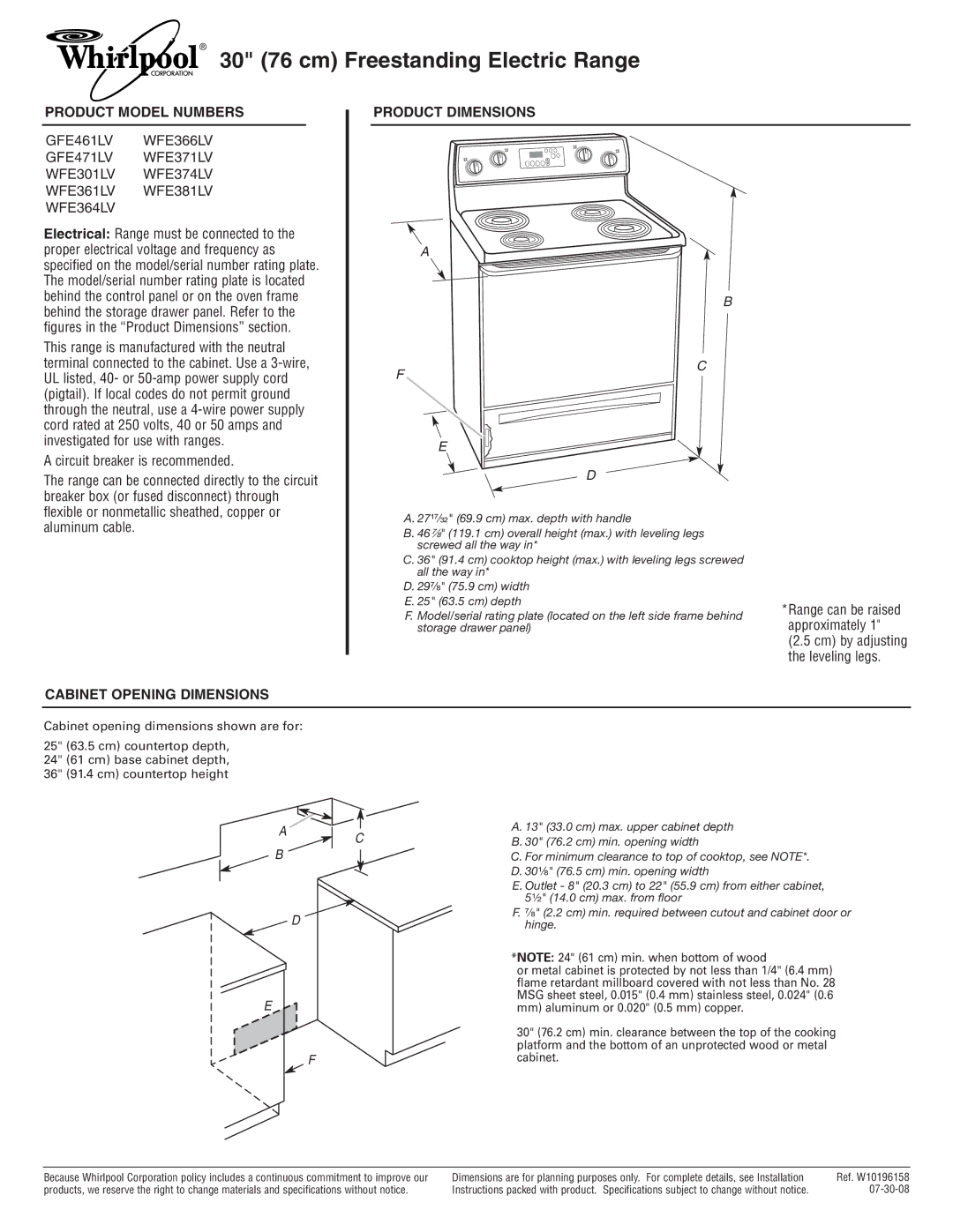 Whirlpool WFE361LV, GFE471LV dimensions 30 76 cm Freestanding Electric Range, Product Model Numbers, Product Dimensions 