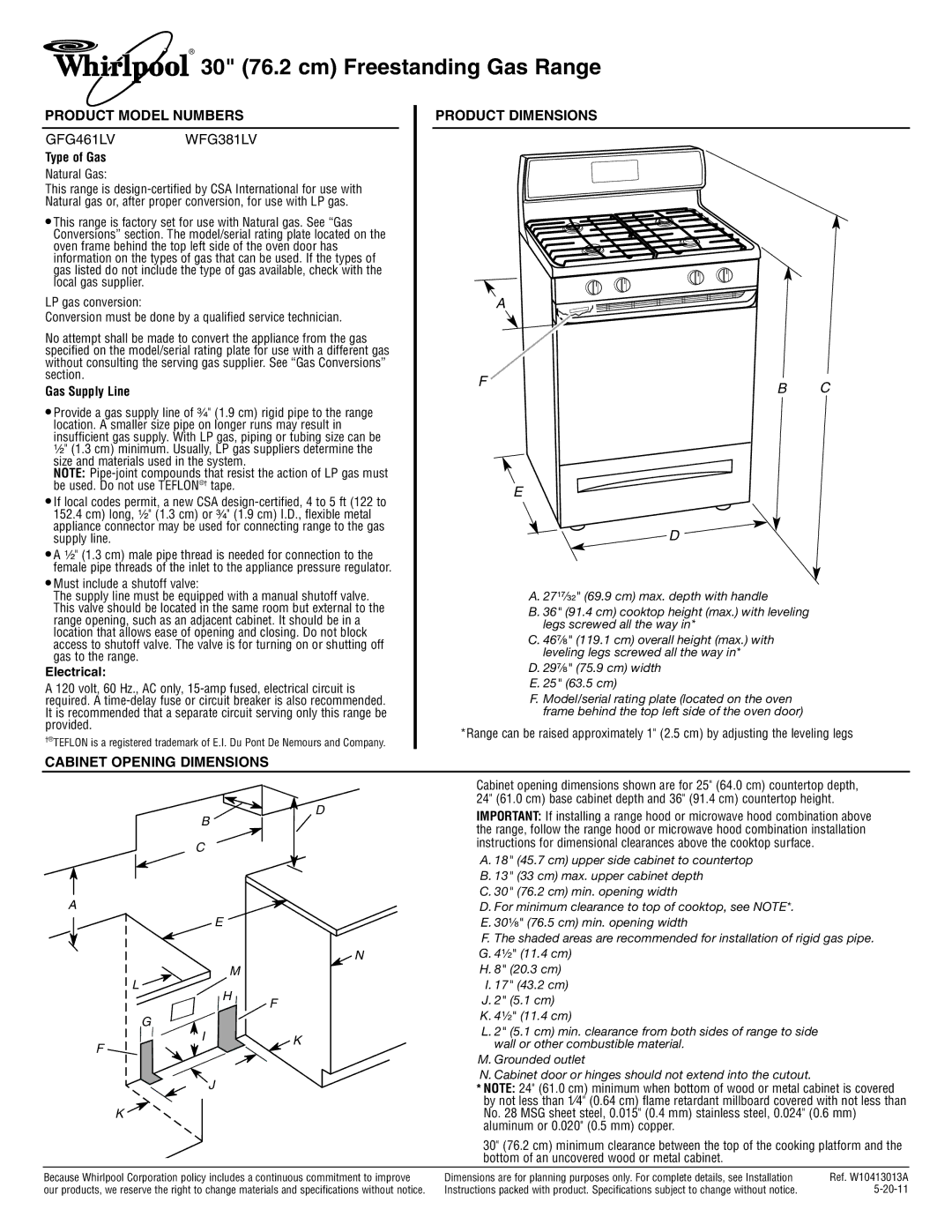 Whirlpool dimensions 30 76.2 cm Freestanding Gas Range, Product Model Numbers, GFG461LV WFG381LV 