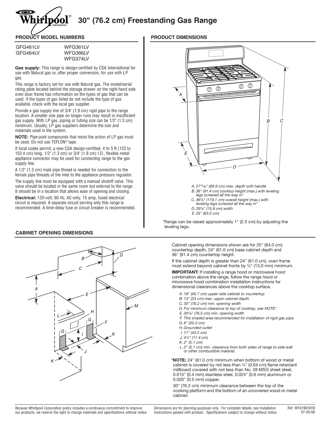 Whirlpool GFG461LV, GFG464LV, WFG374LV, WFG366LV dimensions 30 76.2 cm Freestanding Gas Range, Product Model Numbers 