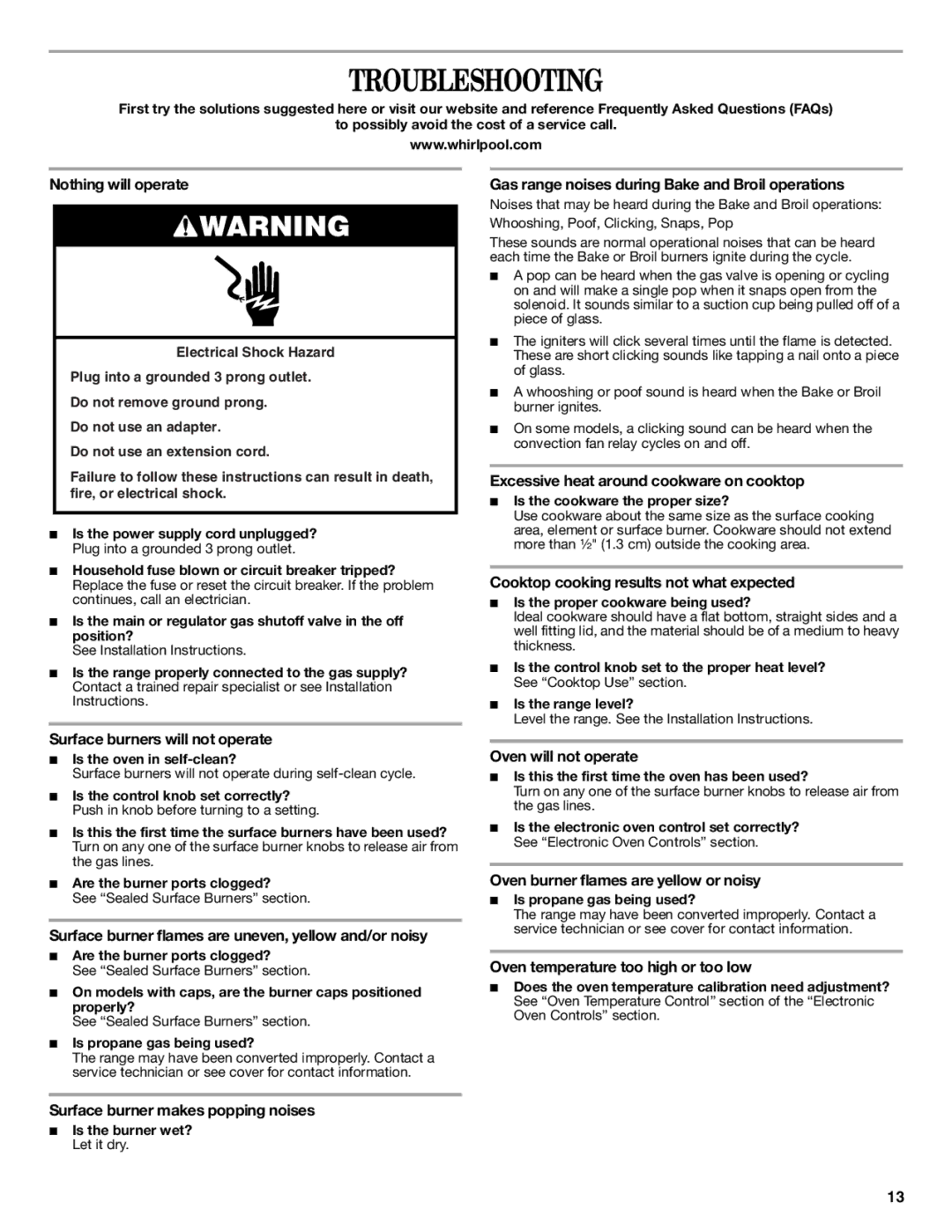 Whirlpool GFG471LVS warranty Troubleshooting 