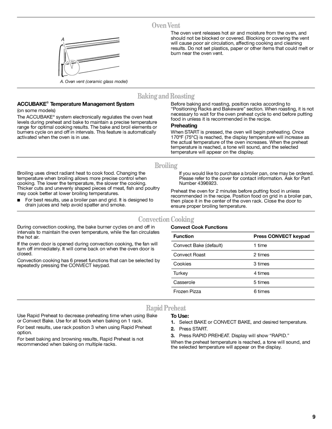 Whirlpool GFG471LVS warranty Oven Vent, Baking and Roasting, Broiling, Convection Cooking, Rapid Preheat 