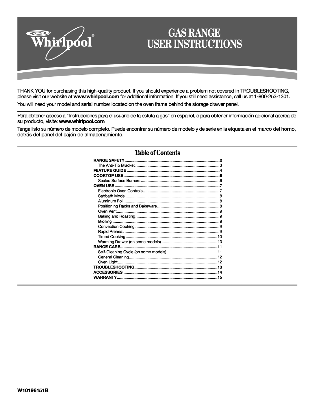 Whirlpool GFG471LVS warranty User Instructions, Gas Range, Table of Contents, W10196151B 