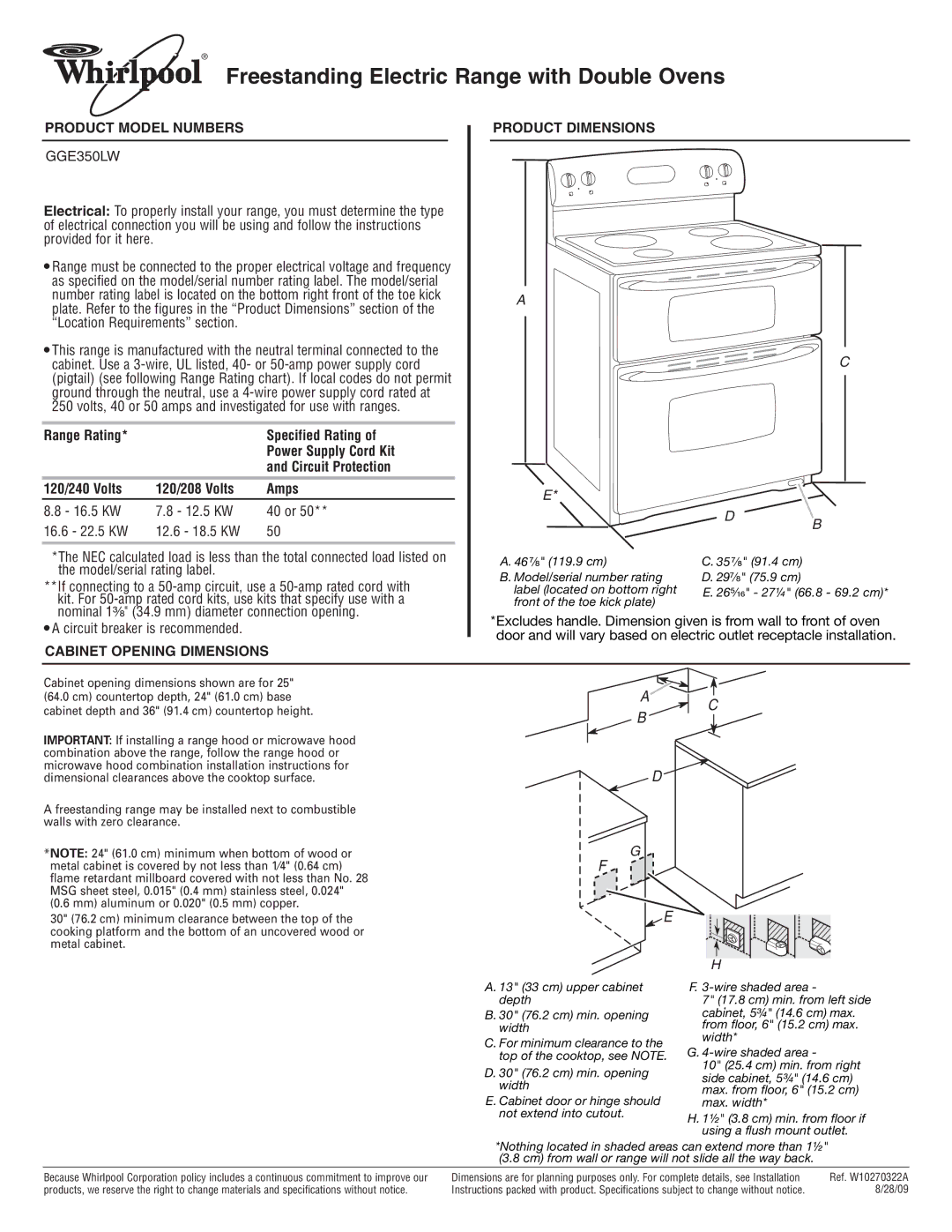 Whirlpool GGE350LW dimensions Freestanding Electric Range with Double Ovens, Product Model Numbers, Product Dimensions 