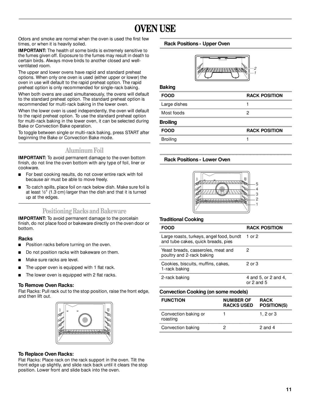 Whirlpool GGE390LX, GGE388LX manual Oven USE, AluminumFoil, PositioningRacksandBakeware 