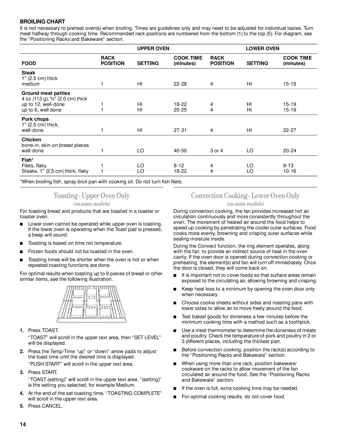 Whirlpool GGE388LX, GGE390LX Toasting-UpperOvenOnly, ConvectionCooking-LowerOvenOnly, Broiling Chart, Position Setting 