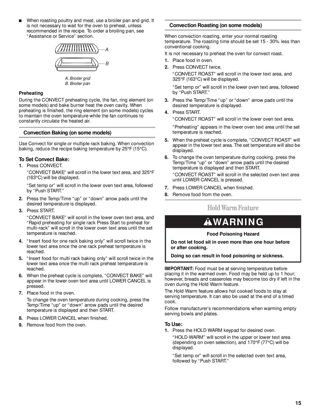 Whirlpool GGE390LX, GGE388LX manual HoldWarmFeature, Convection Baking on some models, To Set Convect Bake, Preheating 
