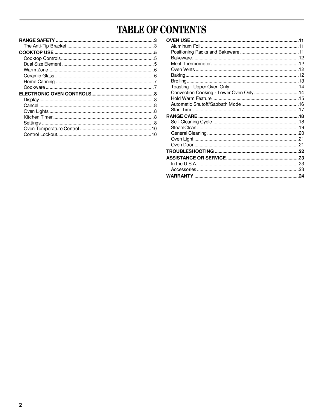 Whirlpool GGE388LX, GGE390LX manual Table of Contents 