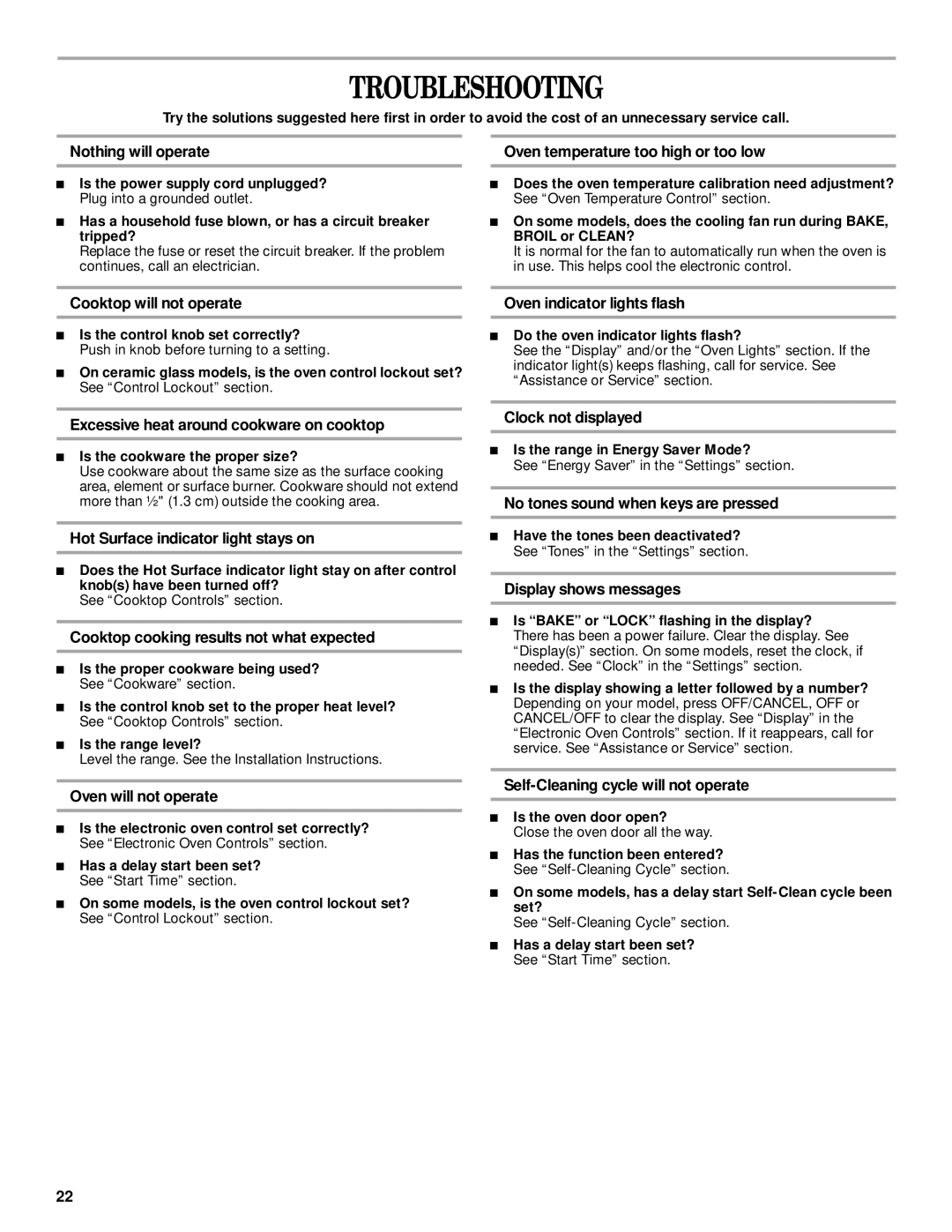 Whirlpool GGE388LX, GGE390LX manual Troubleshooting 