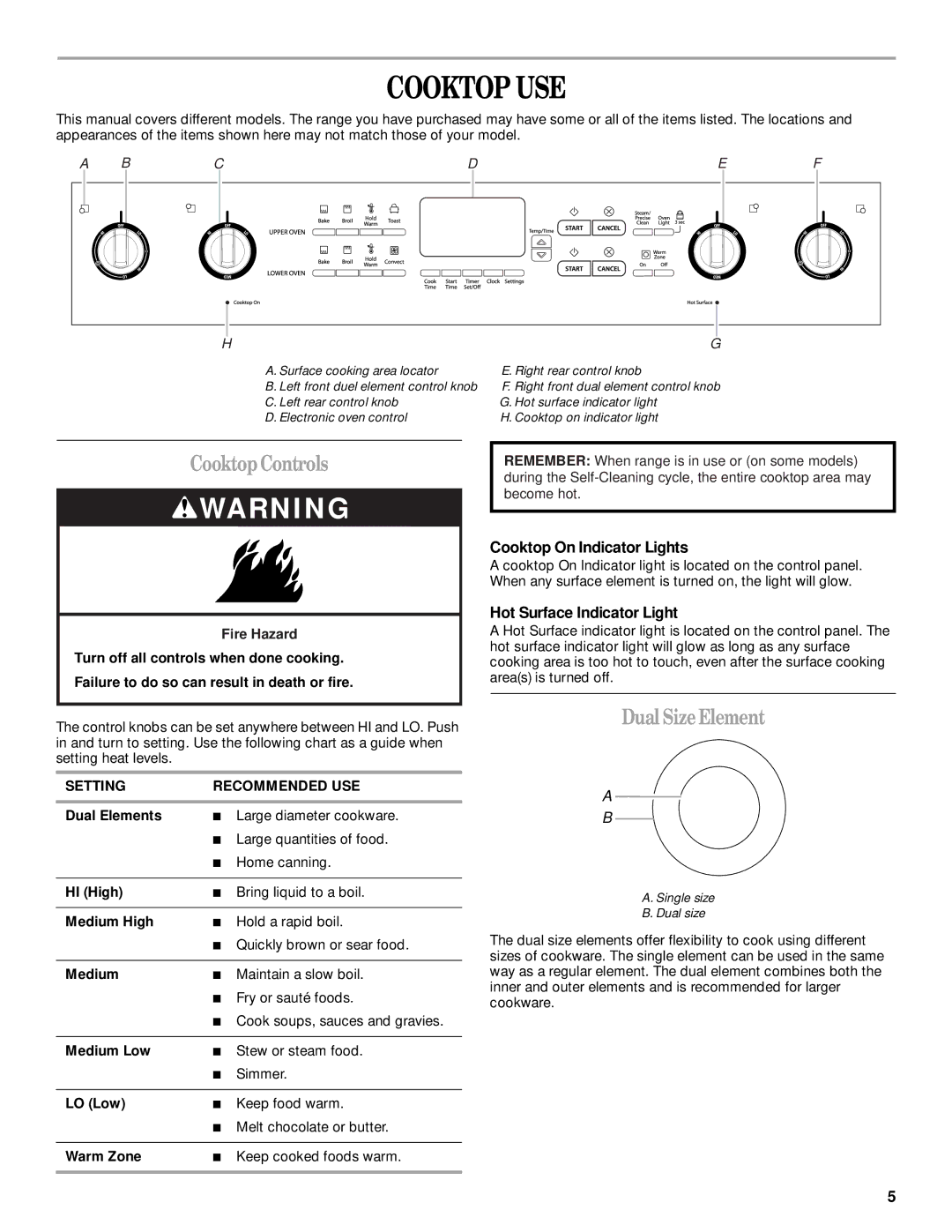 Whirlpool GGE390LX Cooktop USE, CooktopControls, DualSizeElement, Cooktop On Indicator Lights, Hot Surface Indicator Light 