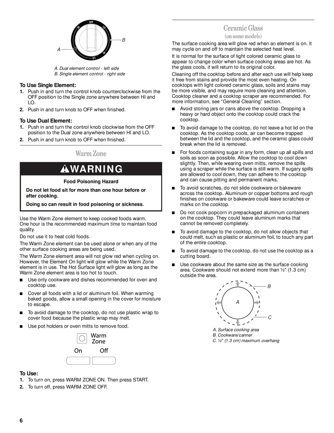 Whirlpool GGE388LX, GGE390LX manual WarmZone, CeramicGlass, To Use Single Element, To Use Dual Element 