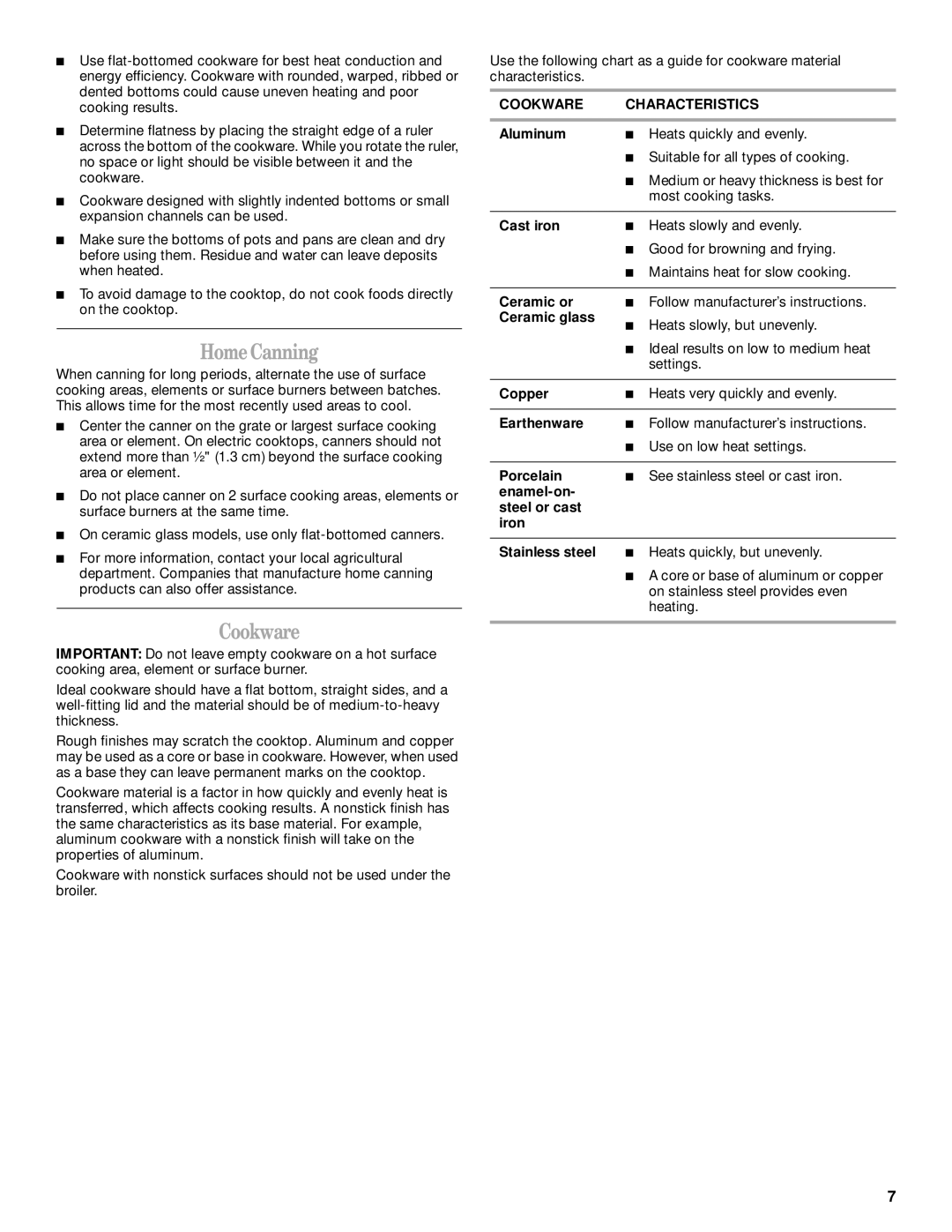 Whirlpool GGE390LX, GGE388LX manual HomeCanning, Cookware Characteristics 