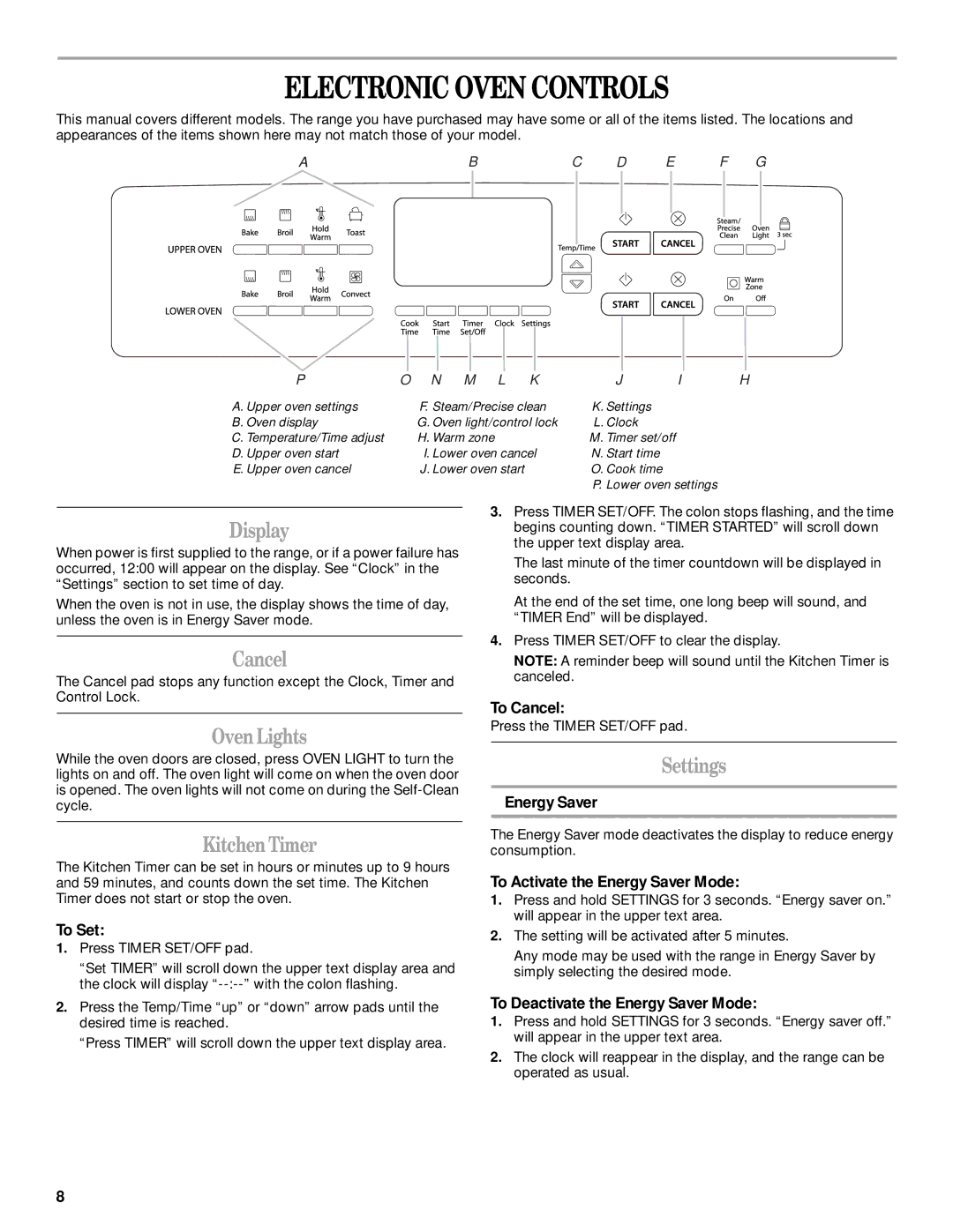 Whirlpool GGE388LX, GGE390LX manual Electronic Oven Controls 