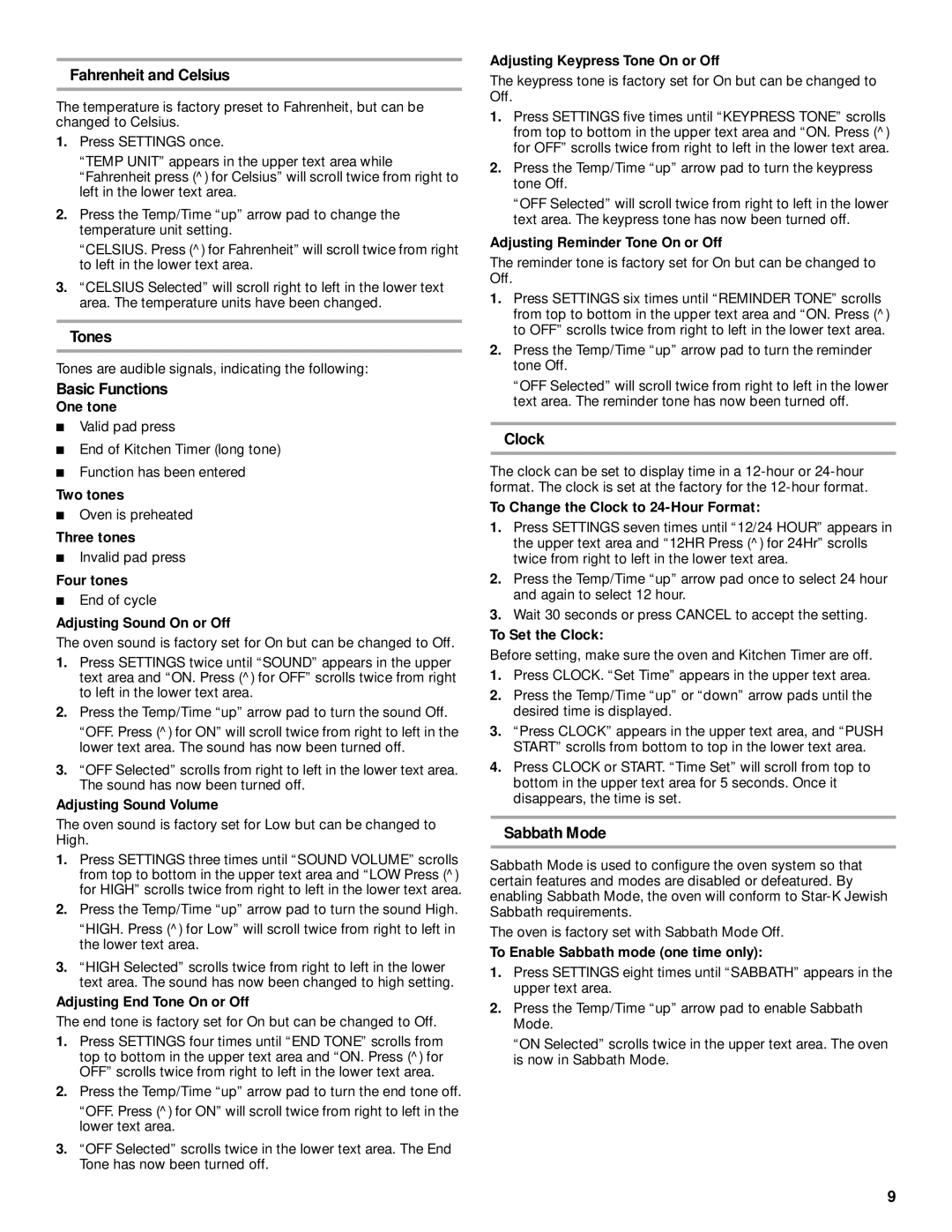 Whirlpool GGE390LX, GGE388LX manual Fahrenheit and Celsius, Tones, Basic Functions, Clock, Sabbath Mode 