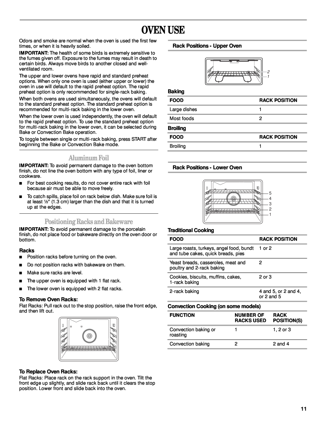 Whirlpool GGE390LX, GGE388LX manual Oven Use, AluminumFoil, PositioningRacksandBakeware 