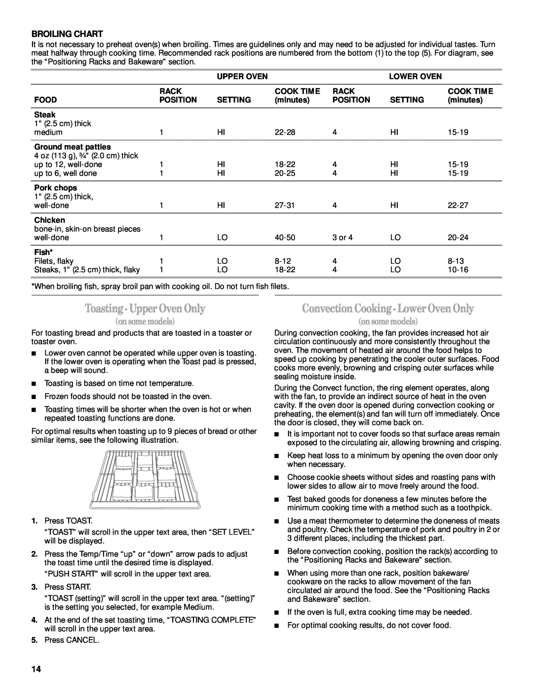 Whirlpool GGE388LX, GGE390LX manual Toasting-UpperOvenOnly, ConvectionCooking-LowerOvenOnly, onsomemodels, Broiling Chart 
