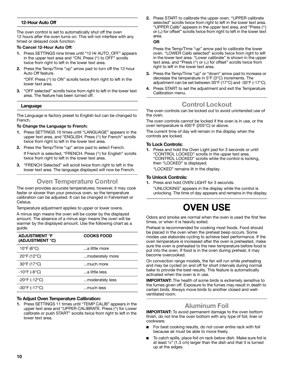 Whirlpool GGG390LX, GGG388LX manual Oven USE, Oven Temperature Control, Control Lockout, Aluminum Foil 