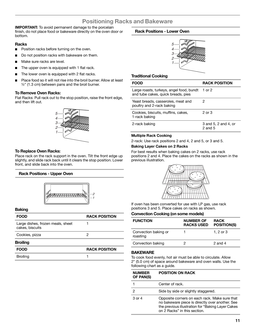 Whirlpool GGG388LX, GGG390LX manual Positioning Racks and Bakeware 