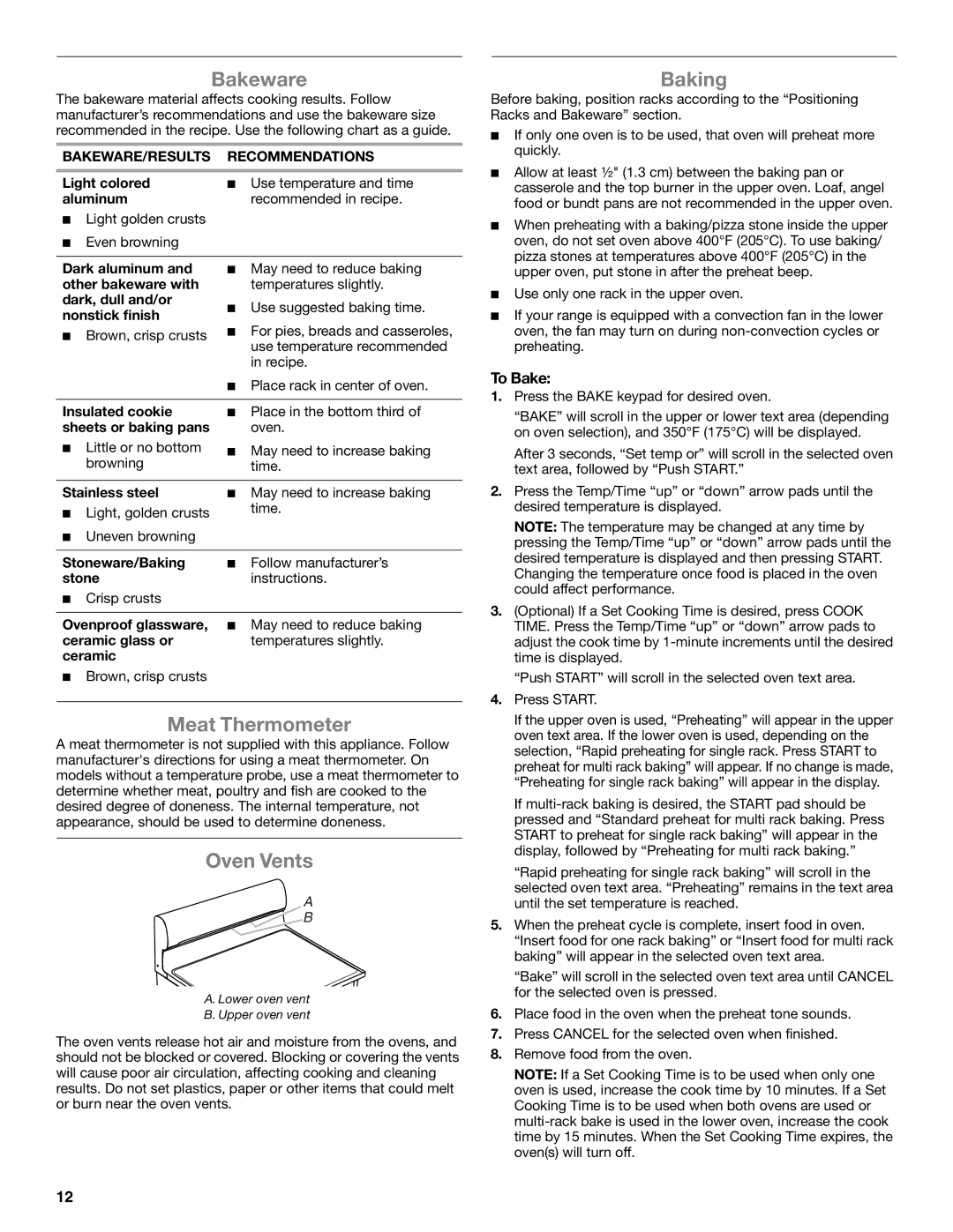 Whirlpool GGG390LX, GGG388LX manual To Bake, BAKEWARE/RESULTS Recommendations 