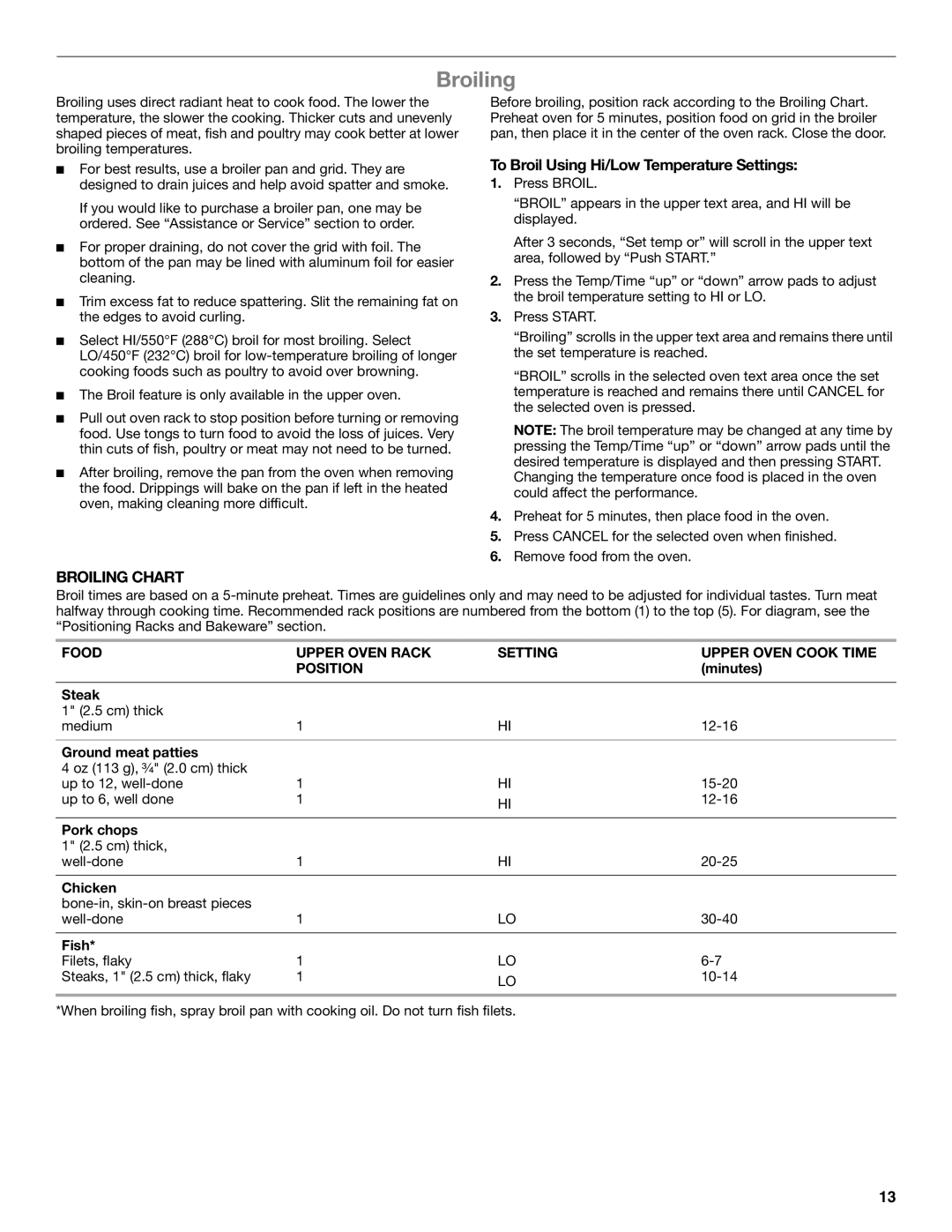 Whirlpool GGG388LX, GGG390LX manual To Broil Using Hi/Low Temperature Settings, Broiling Chart 