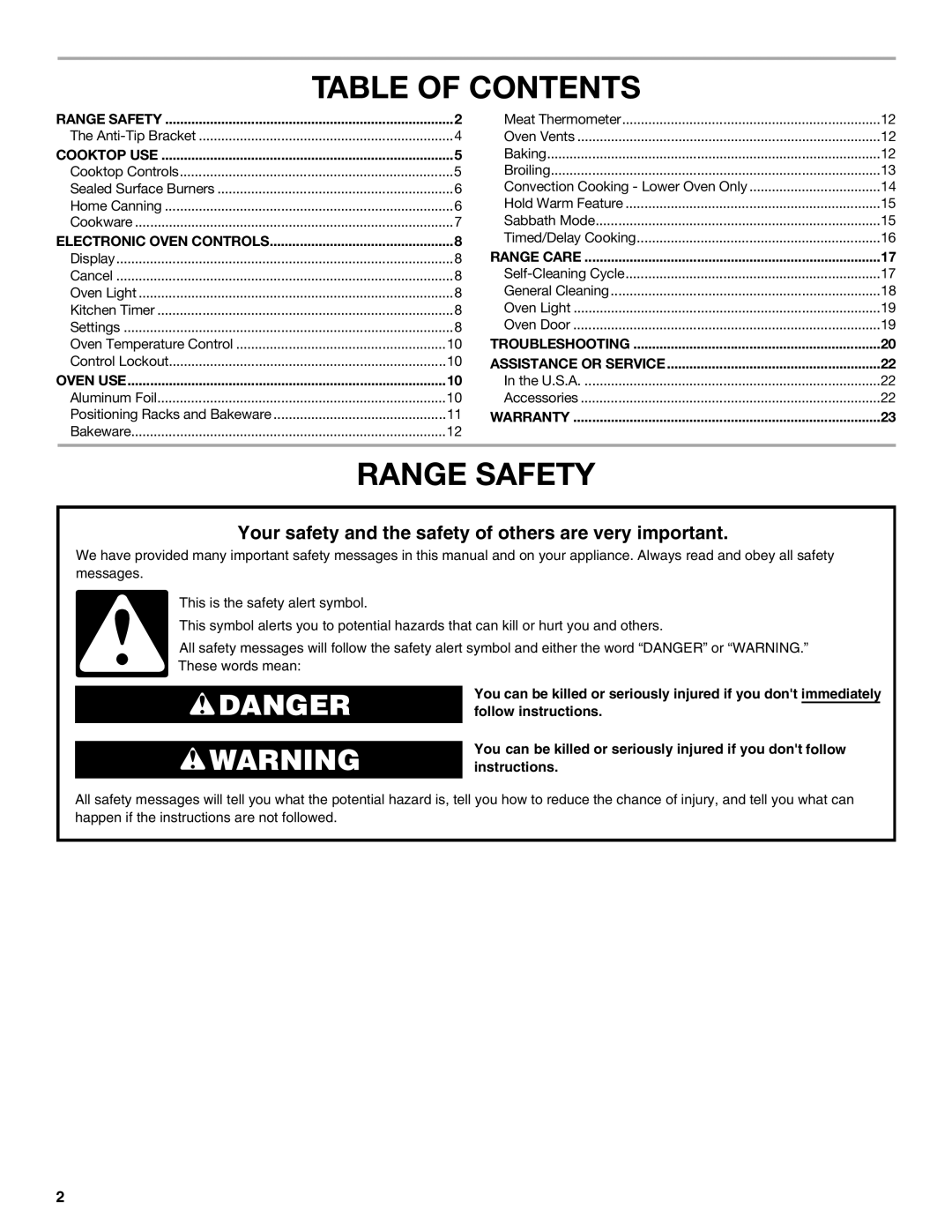 Whirlpool GGG390LX, GGG388LX manual Table of Contents, Range Safety 