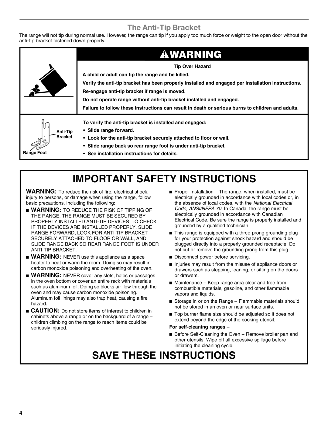 Whirlpool GGG390LX, GGG388LX manual Important Safety Instructions, Anti-Tip Bracket 