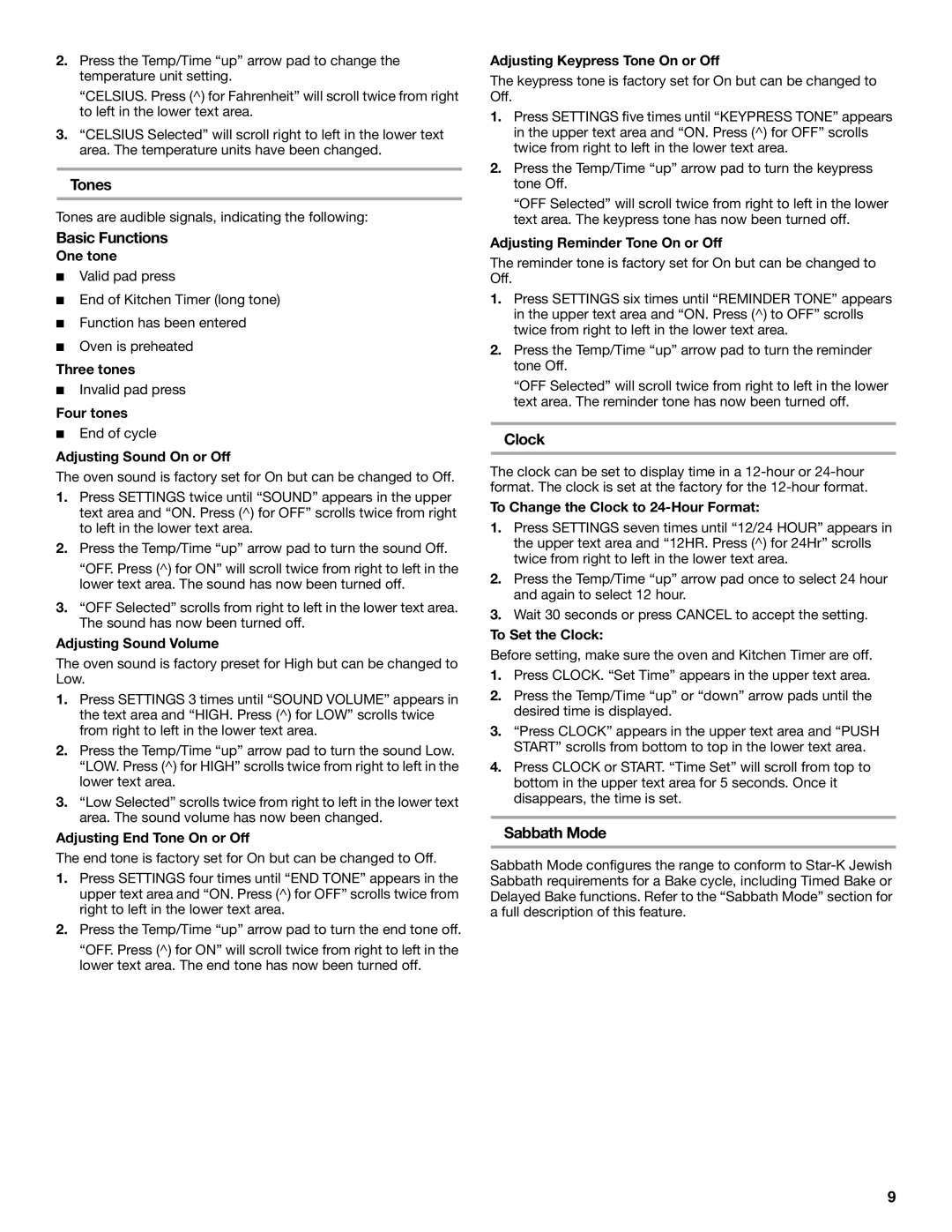 Whirlpool GGG388LX, GGG390LX manual Tones, Basic Functions, Clock, Sabbath Mode 