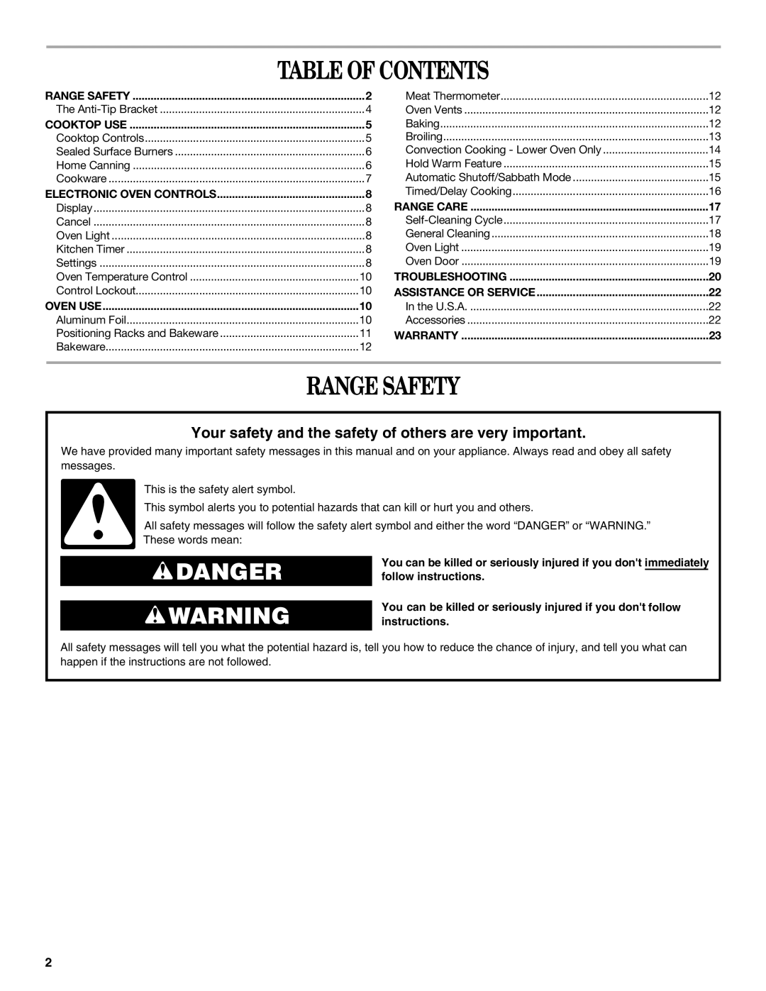 Whirlpool GGG390LX, GGG388LX manual Table of Contents, Range Safety 