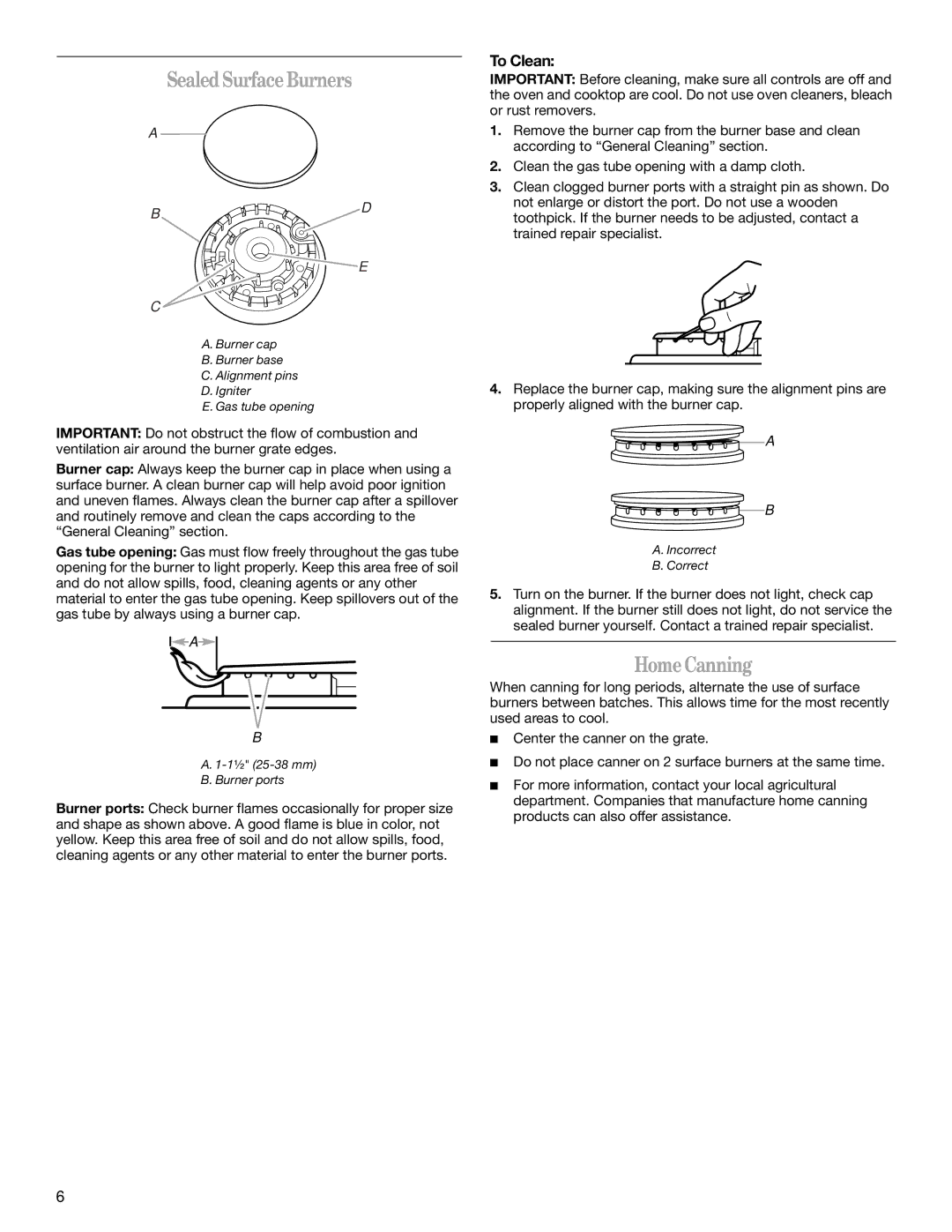 Whirlpool GGG390LX, GGG388LX manual Sealed Surface Burners, Home Canning, To Clean 