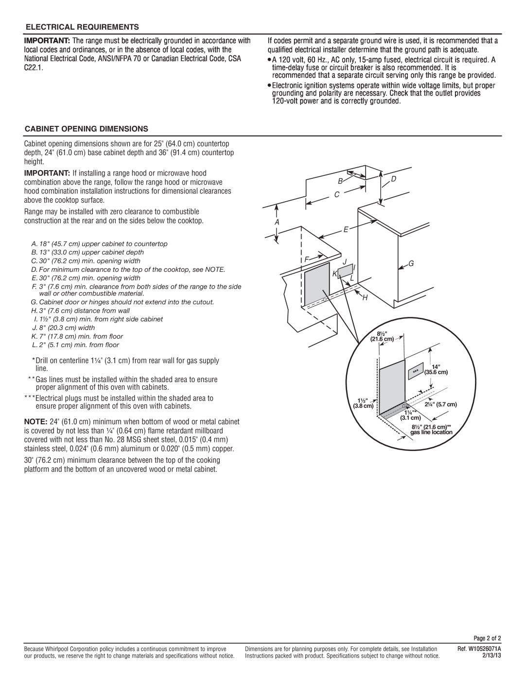 Whirlpool GGG390LX, GGG388LX dimensions Electrical Requirements, Cabinet Opening Dimensions 