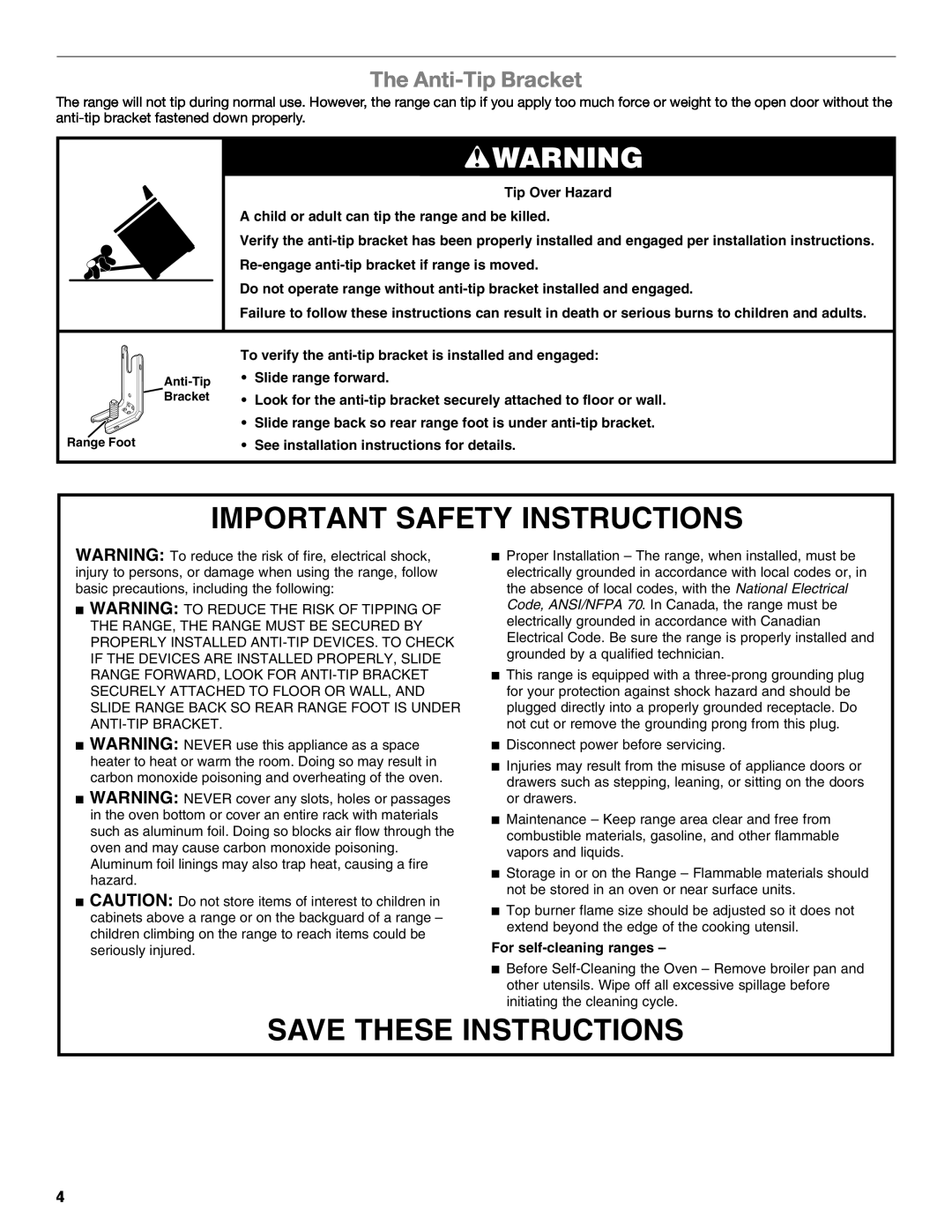 Whirlpool GGG390LX manual The Anti-Tip Bracket, Important Safety Instructions, Save These Instructions, Slide range forward 