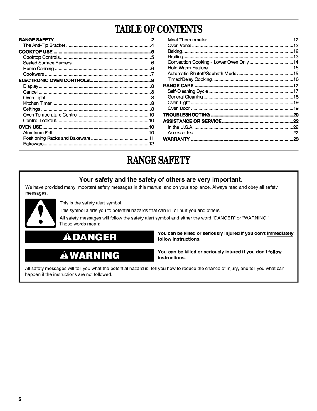 Whirlpool GGG390LX, GGG388LX manual Table Of Contents, Range Safety, Danger 