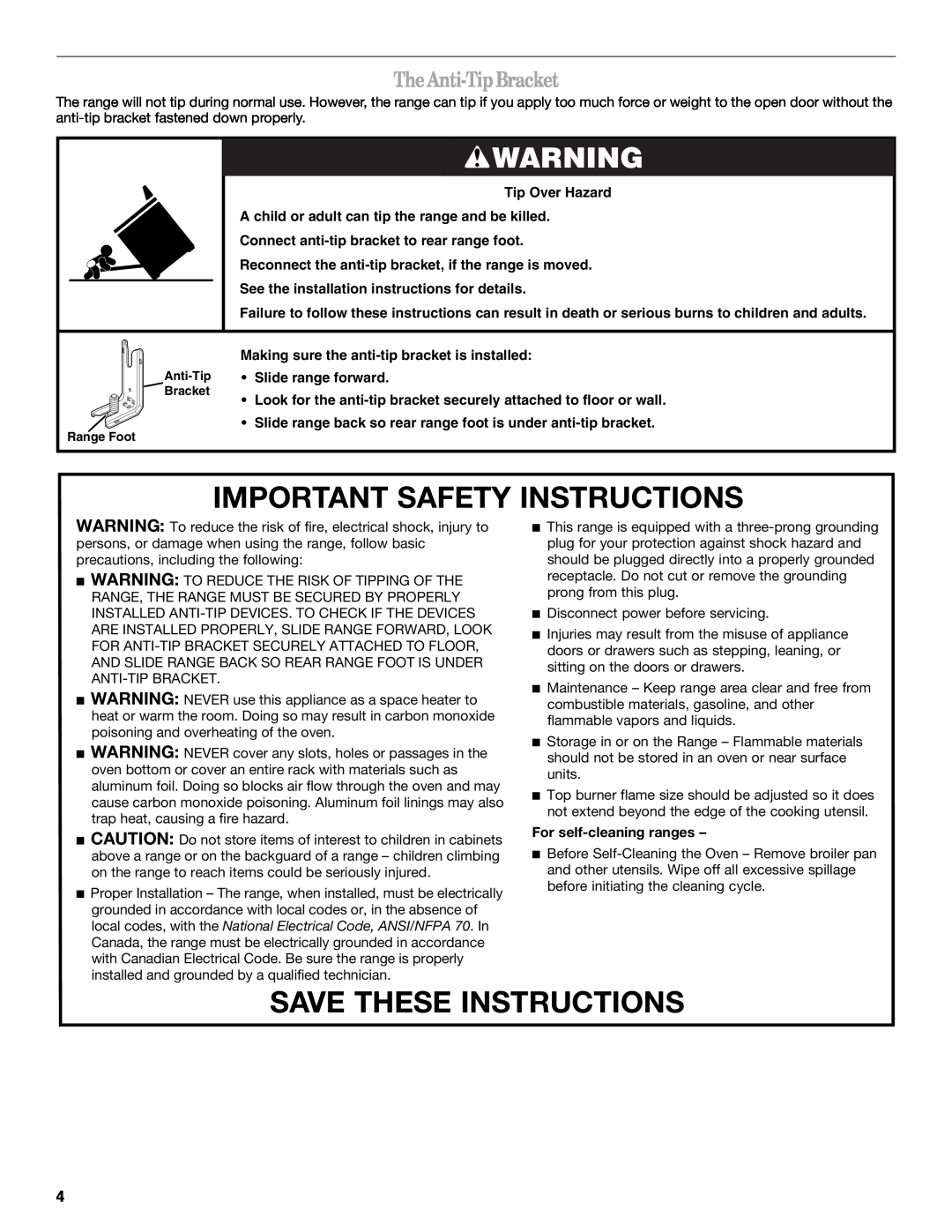 Whirlpool GGG390LX, GGG388LX The Anti-TipBracket, Important Safety Instructions, Save These Instructions, Tip Over Hazard 