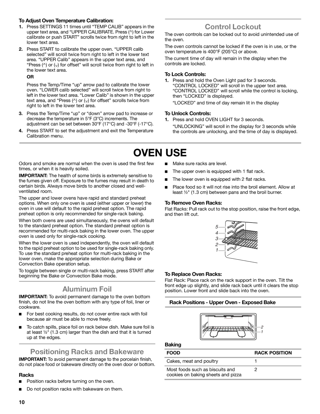 Whirlpool GGE388LXS, GGG390LXB, GGG388LXS manual Oven USE, Control Lockout, Aluminum Foil, Positioning Racks and Bakeware 