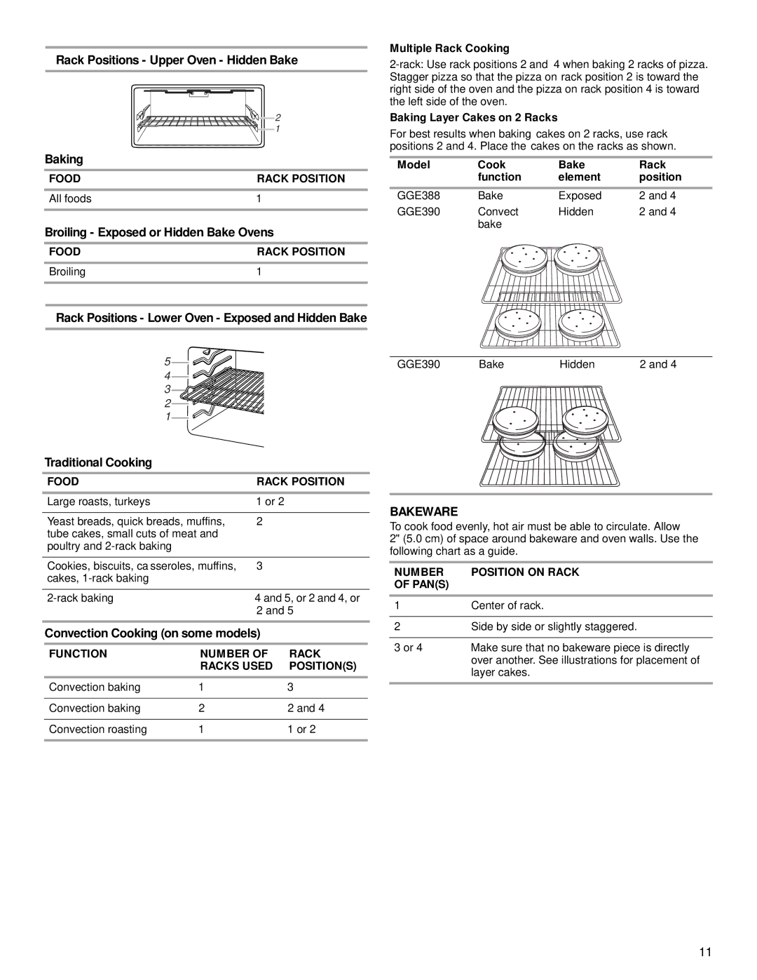 Whirlpool GGE388LXQ manual Rack Positions Upper Oven Hidden Bake Baking, Broiling Exposed or Hidden Bake Ovens, Bakeware 